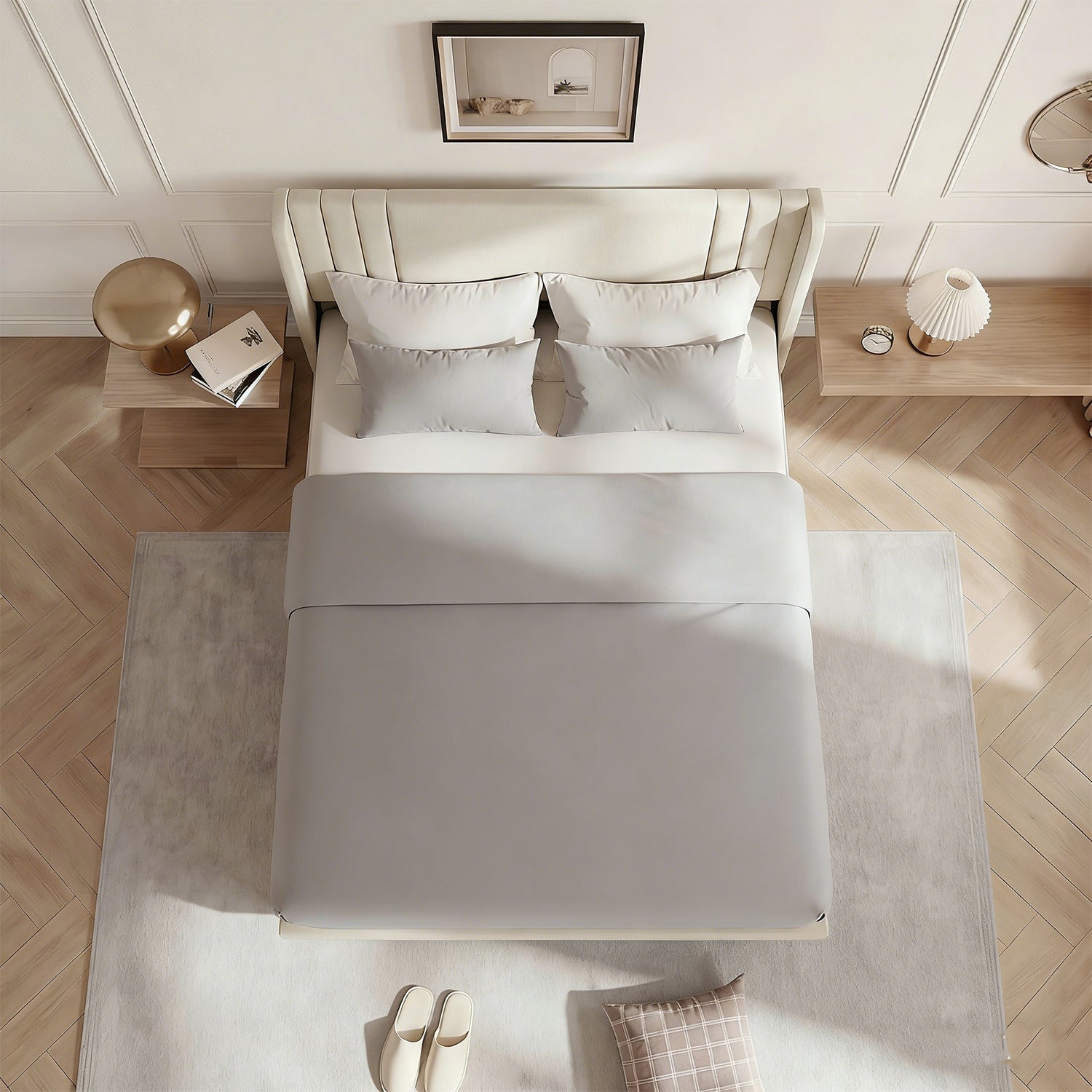Lit 140x190 cm, COZY, sommier à lattes, tissu en lin, cadre de lit double 140x190, lit adulte 140x190, beige - 4
