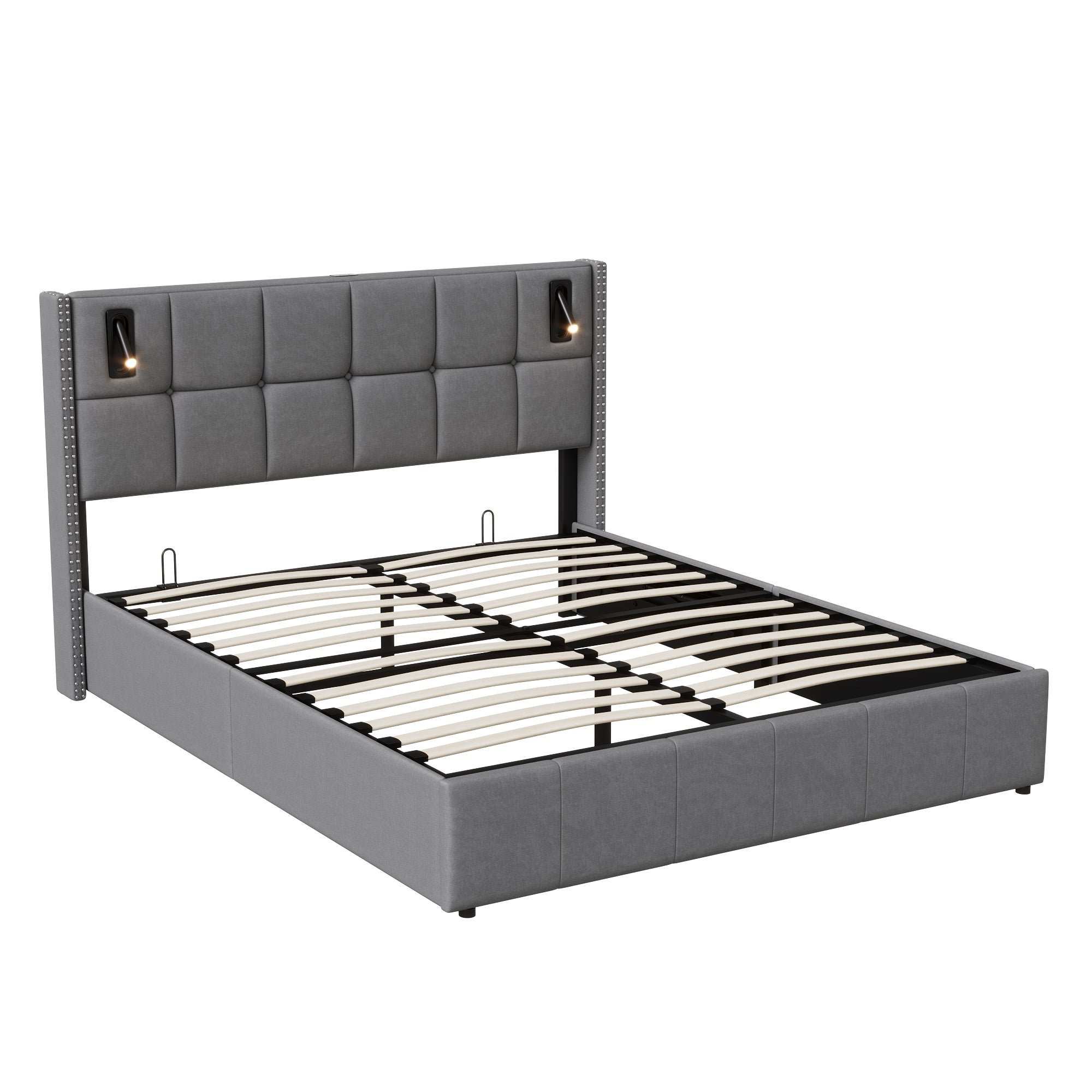 Lit Rembourré 140x200cm avec sommier à lattes & liseuses, lit coffre lit double, velours, gris - 9