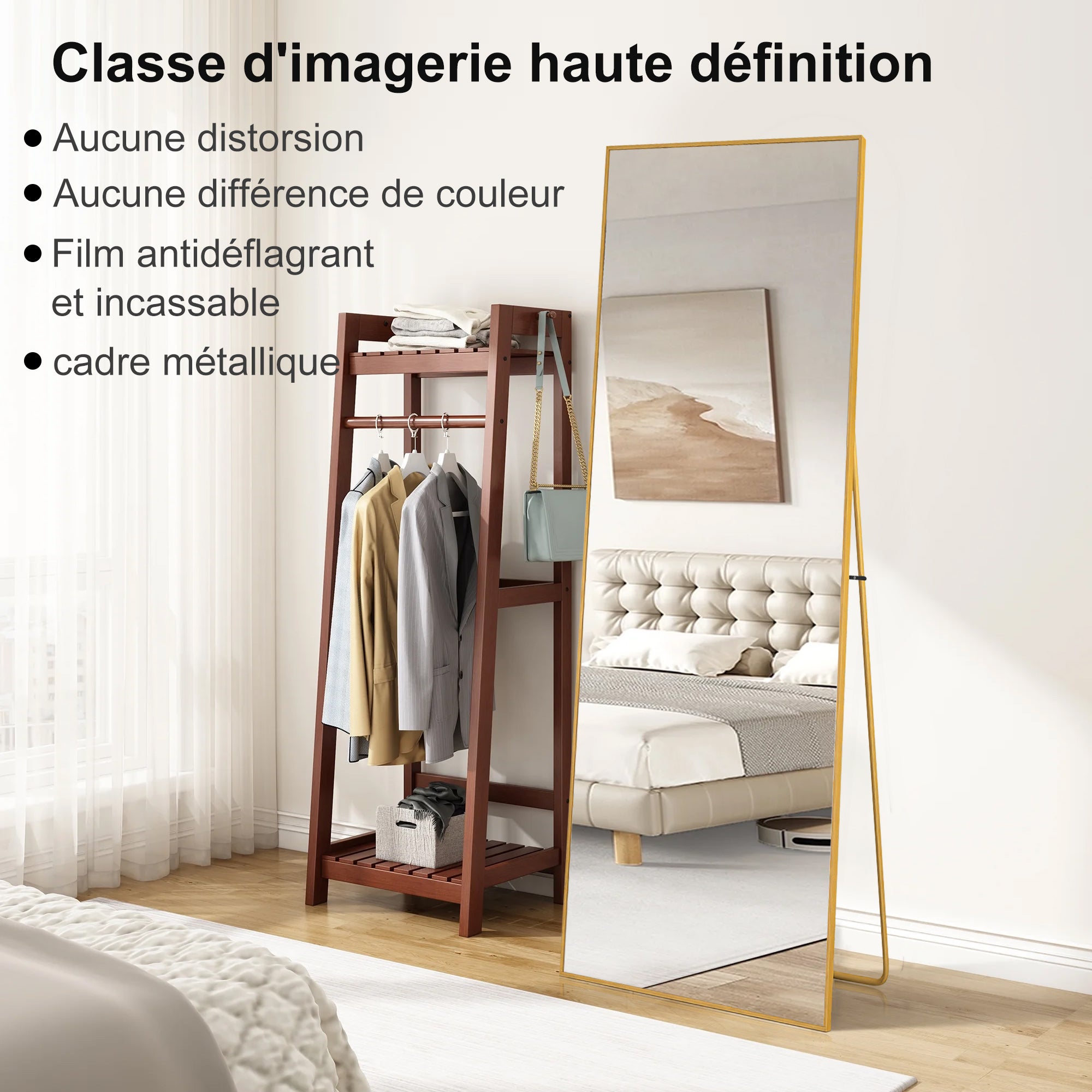 Miroir sur pied Rectangulaire 164 x 54cm, Grand Miroir Intégral avec Cadre en Alliage d’aluminium pour Chambre, Salon, À suspendre ou s'appuyer, Doré - 5