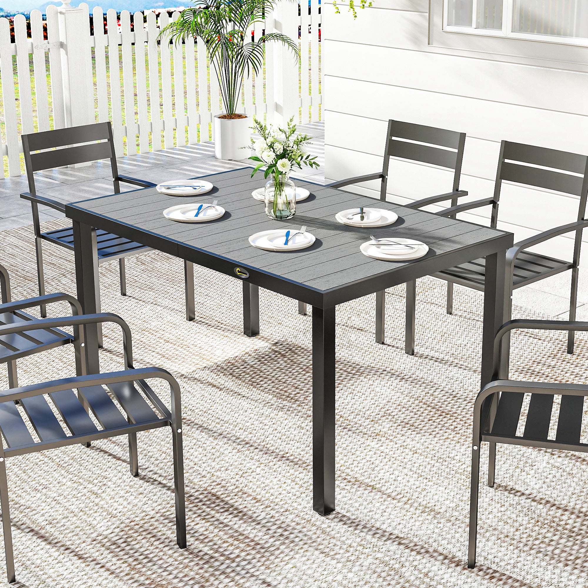 Table de jardin pour 4 à 6 personnes, table de repas d'extérieur avec plateau à lattes, 140 x 90 x 74 cm, grise - 4