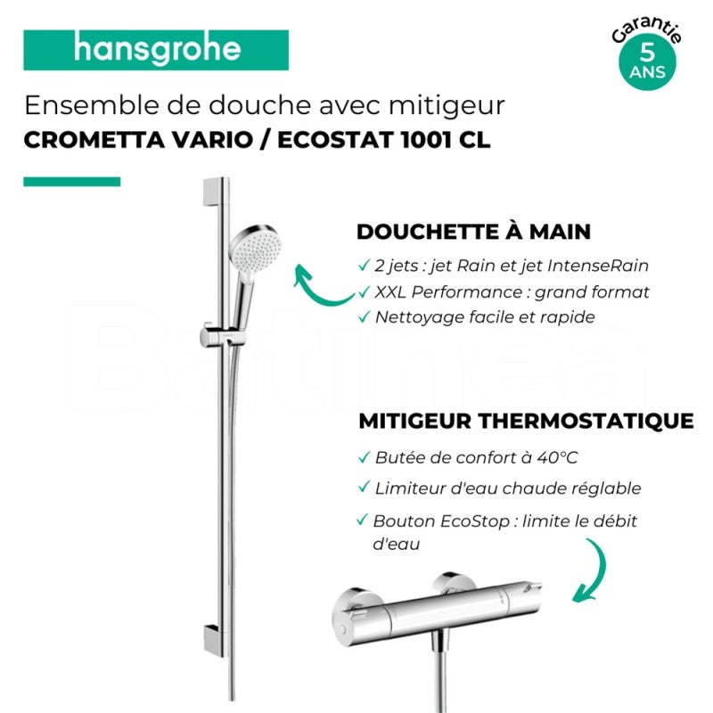 Pack mitigeur douche thermostatique HANSGROHE Ecostat 1001 CL + Barre et pommeau de douche Crometta Vario 2 jets Chromé - 3