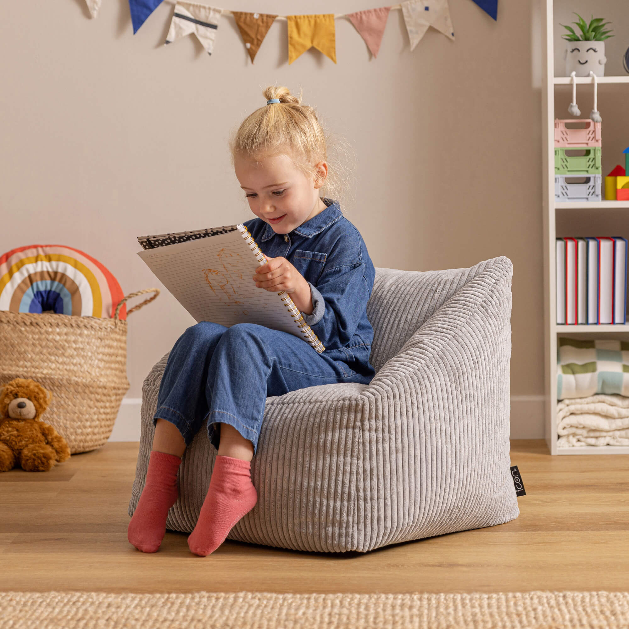 Lot de 2 poufs fauteuils enfant Icon velours côtelé gris clair, chambre, salon, 55x55xcm Oeko-Tex® - 3