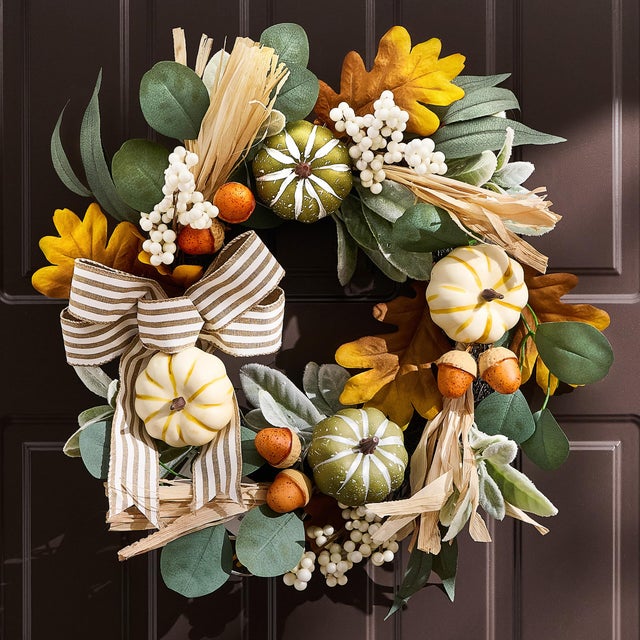 Corona otoñal de 45 cm: corona decorativa de Halloween con calabazas y hojas de eucalipto; ideal para puertas de entrada y repisas de chimenea.
