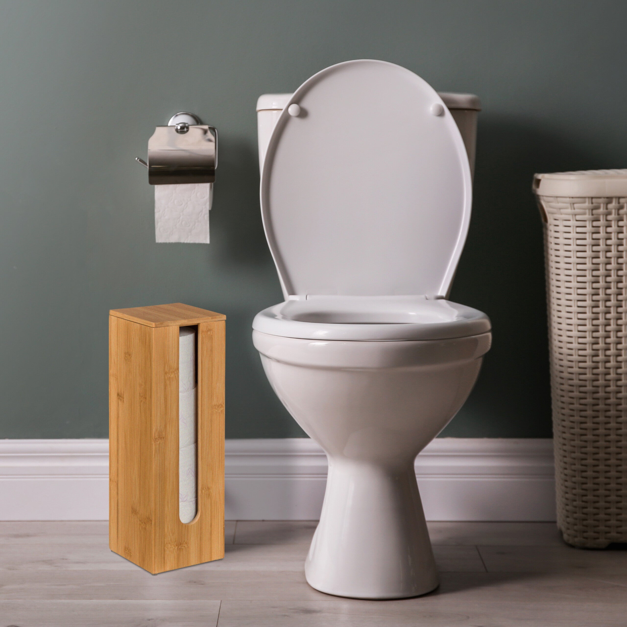 Portarotoli Carta Igienica In Bambù - Contenitore Per 4 Rotoli Da Terra - Design Moderno E Naturale - Foto 5