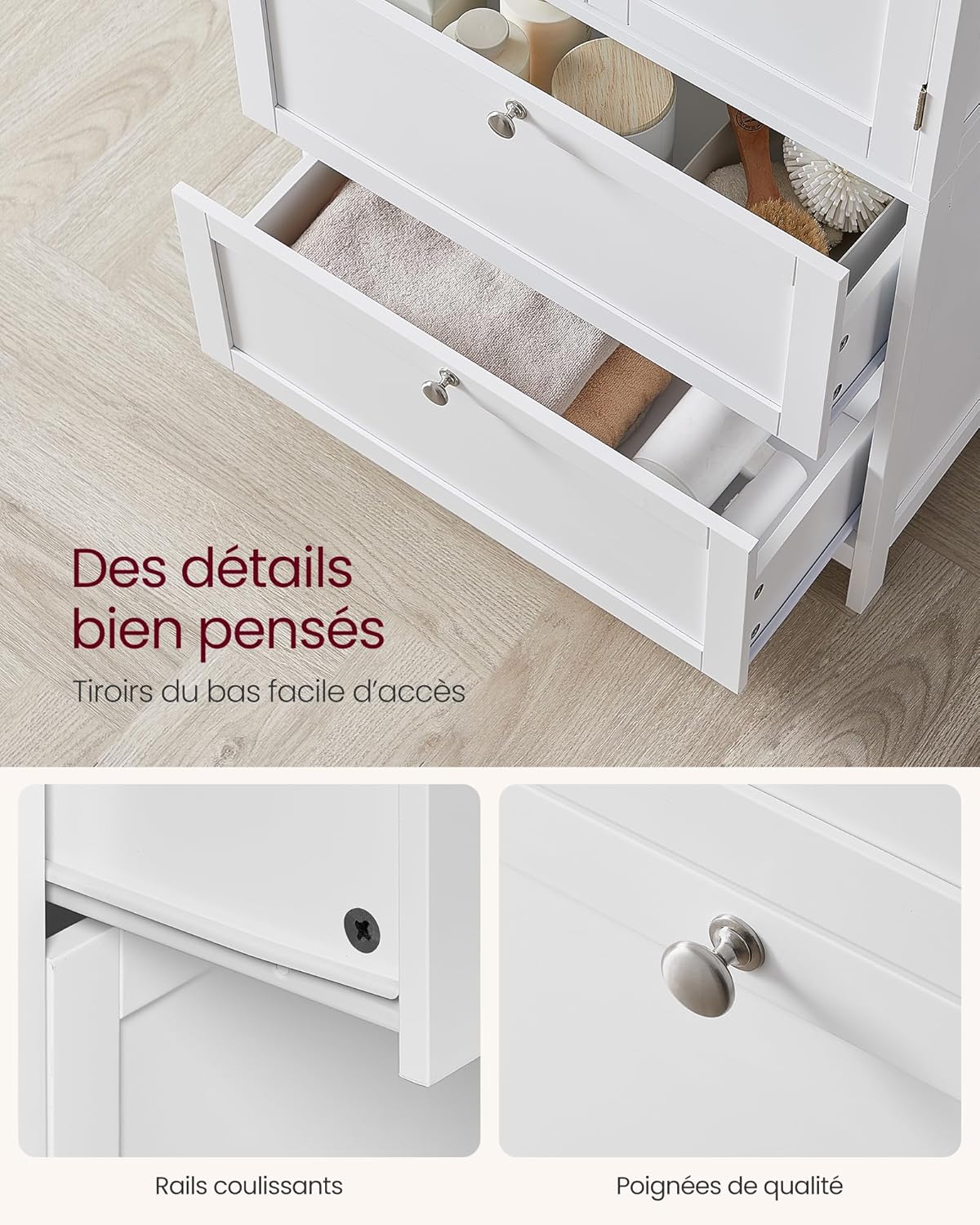 Armoire de Salle de Bain, avec 2 Tiroirs et 2 Portes, Étagères Réglables, 60 x 30 x 110 cm, Blanc - 7