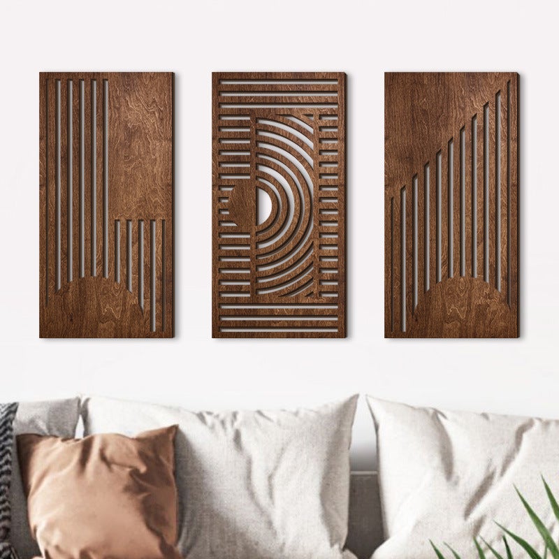 Lot de 3 décorations murales en bois géométrique, style minimaliste, sculpture 3D découpée à creux, décoration murale bohème abstraite - 4