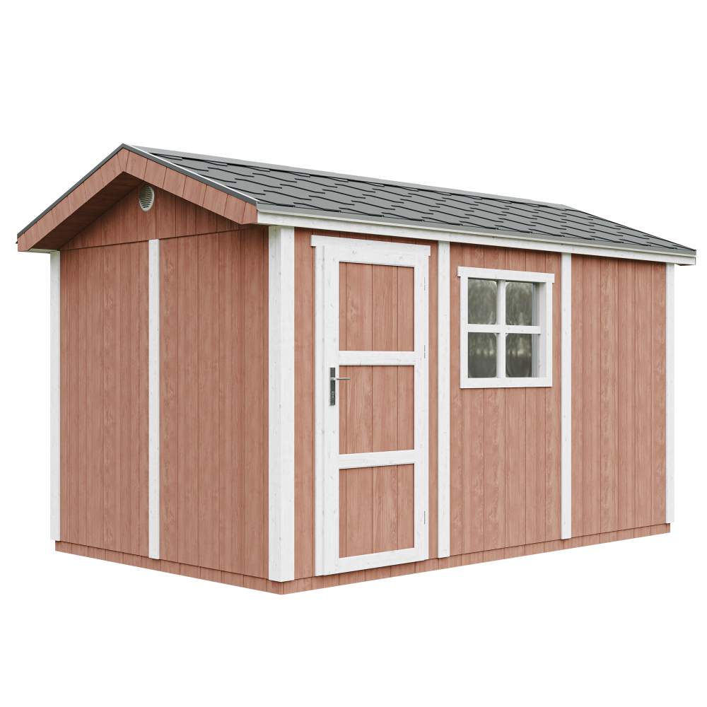 Căsuță de grădină din lemn 8,68 m² TIMBELA M914-REDWOOD RED, calitate premium, cu podea