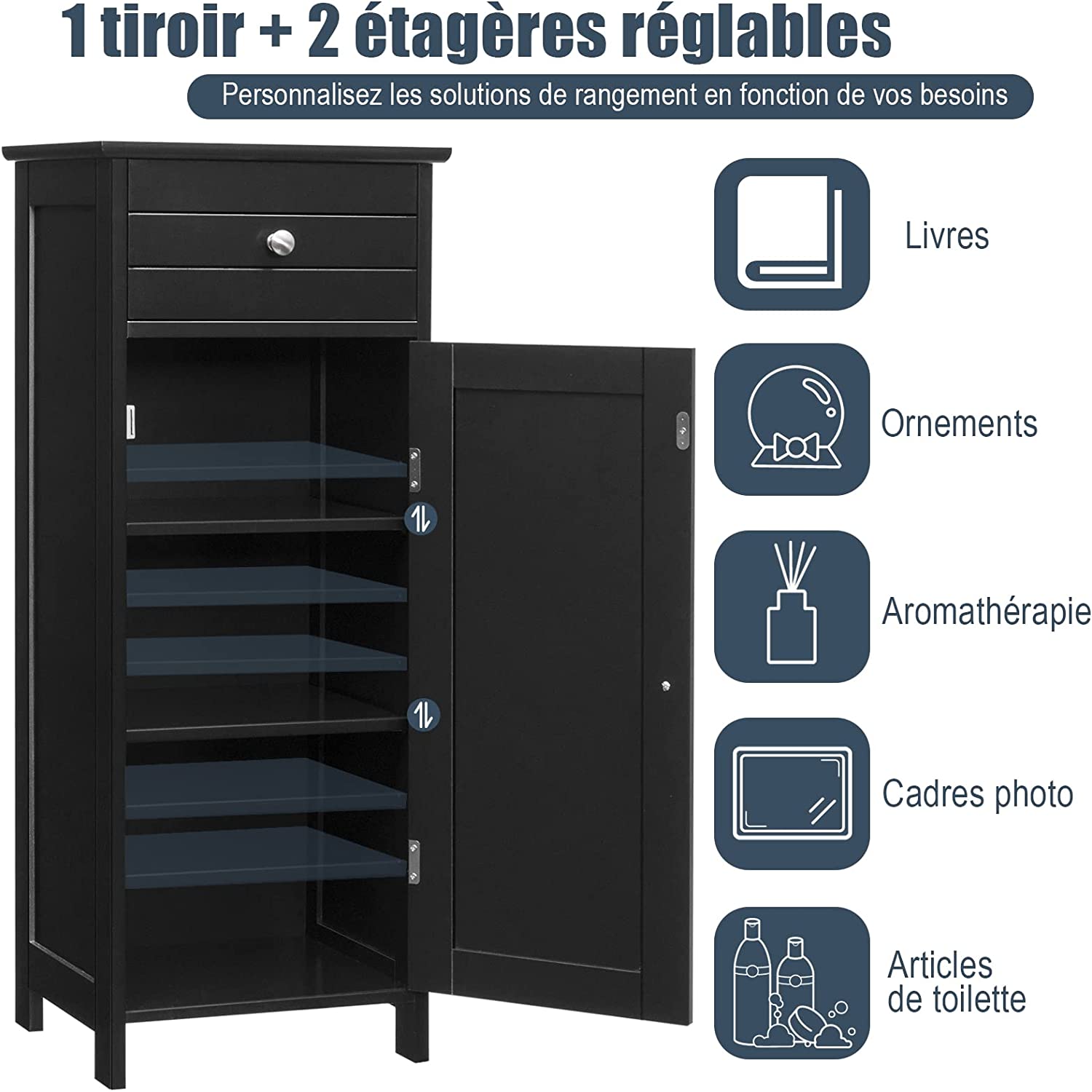 Mobile Bagno, Armadietto Salvaspazio con Cassetto e 2 Ripiani Regolabili, Mobiletto Multiuso in Legno per Soggiorno, Camera da letto e Ufficio - 4