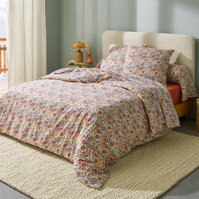 Parure de lit 3 pièces flanelle de coton floral housse + taies - Rouge - 200x200 cm - Coton/Flanelle