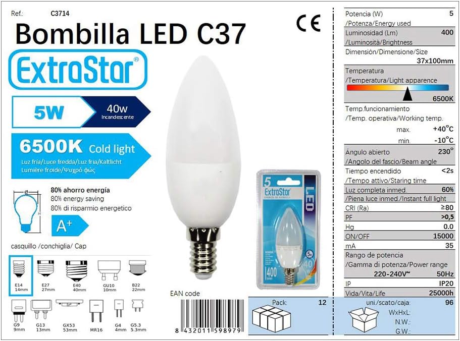 CASA DE CONFORTO | Lâmpada de vela LED | Conector tipo E14 | Potência de 5W | Tipo de luz: Fria | Pacote de 6 unidades | - 4