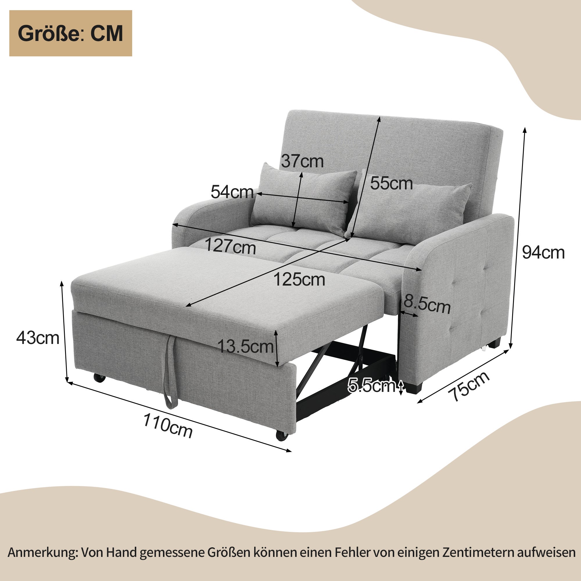 Canapé convertible 127x75x94 cm - Canapé dossier réglable - Avec 2 coussins - Gris foncé - 4