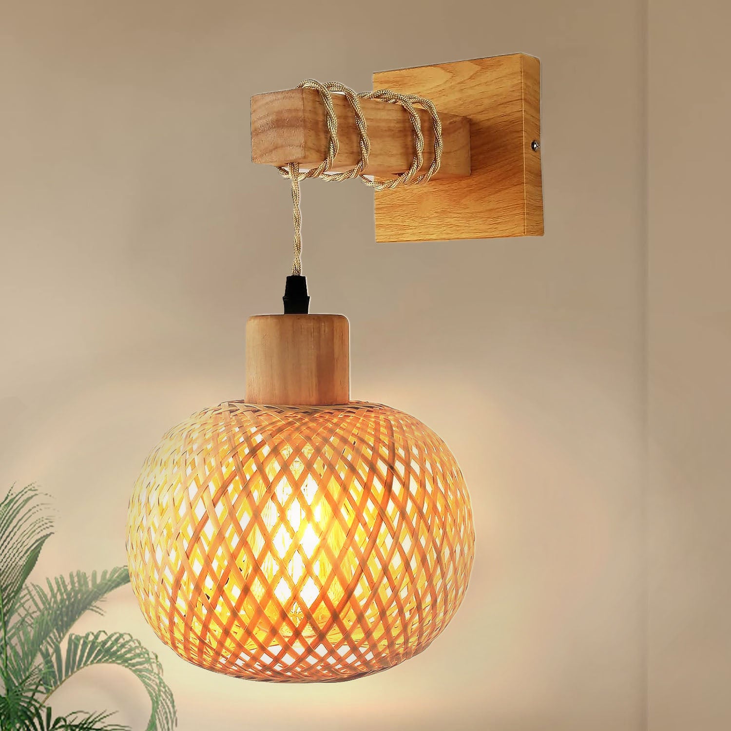 Lámpara de pared aplique de pared en bambú de estilo japonés retro, iluminación de restaurante en ratán, cabecera, dormitorio, granja, interior
