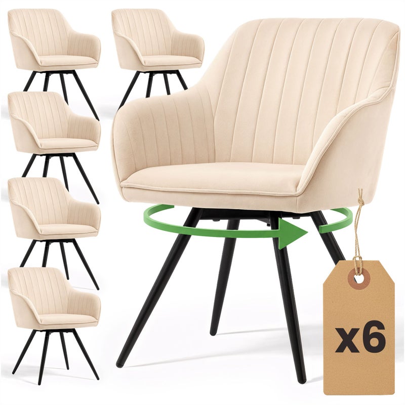6x Welurowe krzesło obrotowe z przeszyciami Beżowe TURNO Czarne nogi
