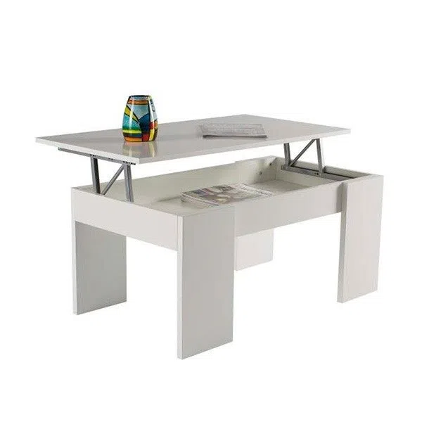 Meyvaser - Mesa de Centro Elevable, Mesita de Salón o Comedor, Acabado en Color Blanco, Medidas: 90 cm (Ancho) x 50 cm (Fondo) x 46-57 cm (Alto)