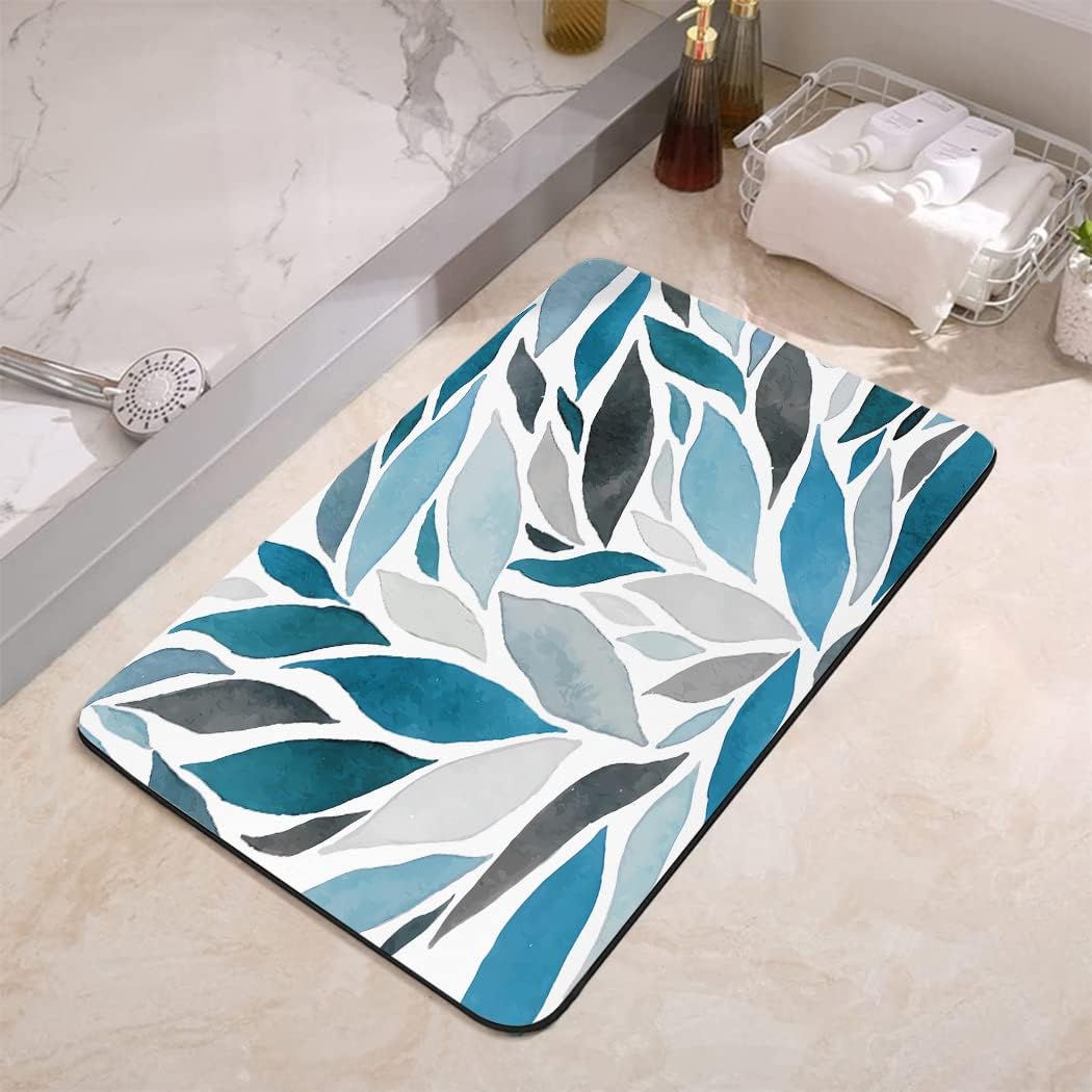Dywanik łazienkowy 43 x 61 cm z niebieskim wzorem liści, antypoślizgowy i niezwykle chłonny, z gumowym spodem, idealny pod matę łazienkową lub dywani