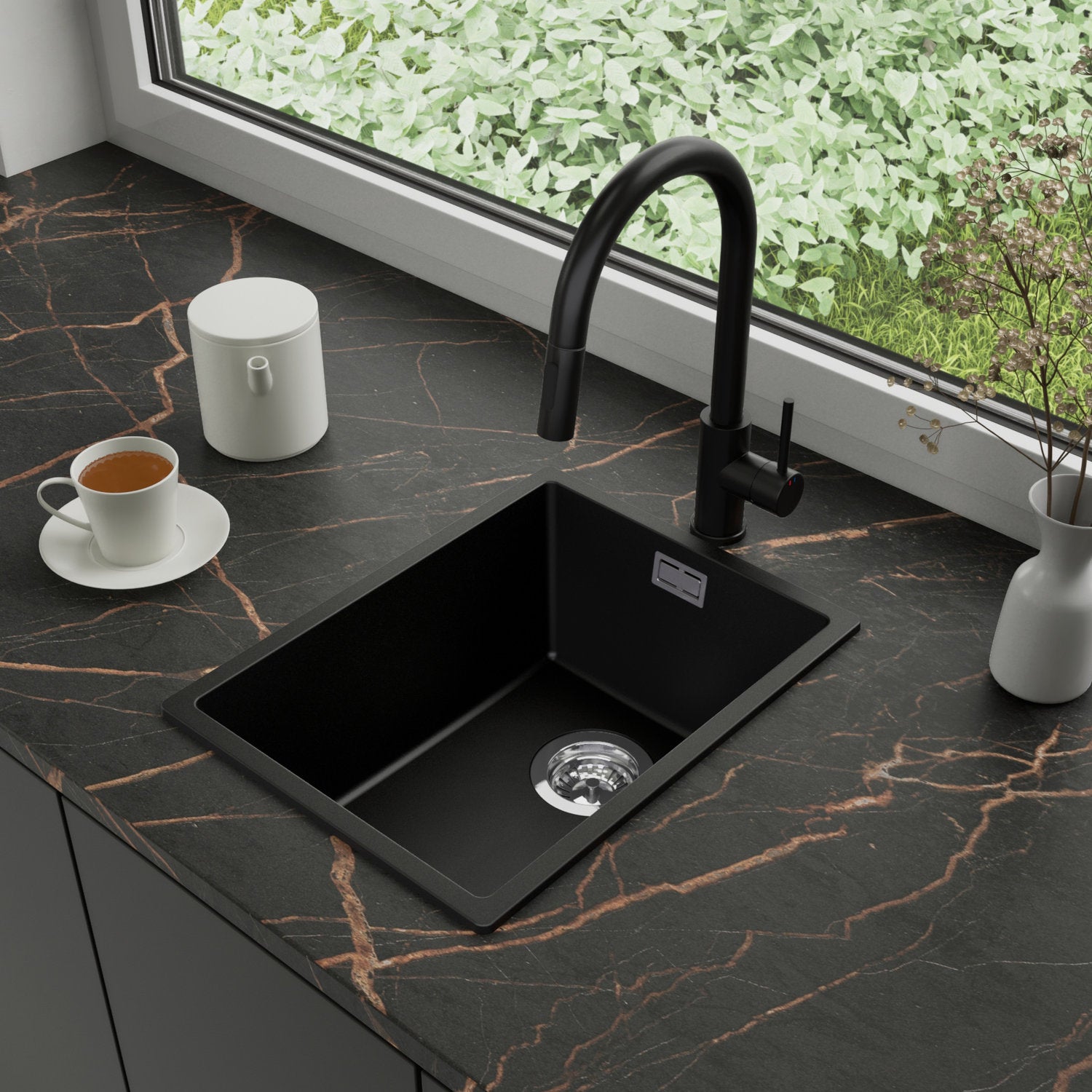 Zlewozmywak Granitowy 36x47cm, do szafki od 40cm + Bateria + Syfon - Agate Czarny STONESTYLE