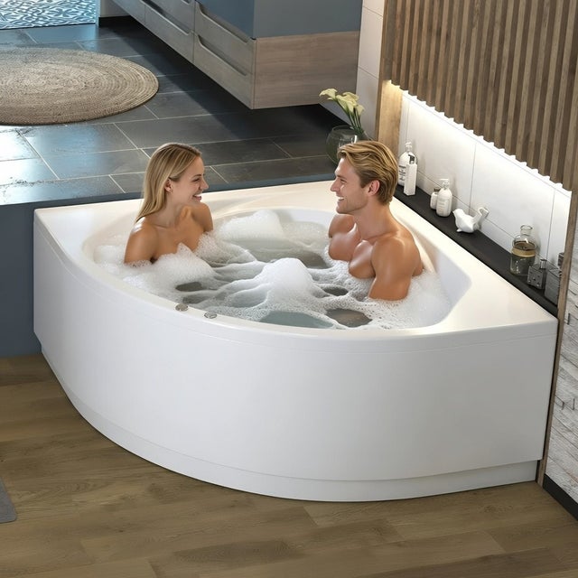 Baignoire Balnéo d'angle KINEDO OTEA 140x140 AIR HOTEL tête bain à gauche livrée avec vidage 2 coussins et bec cascade