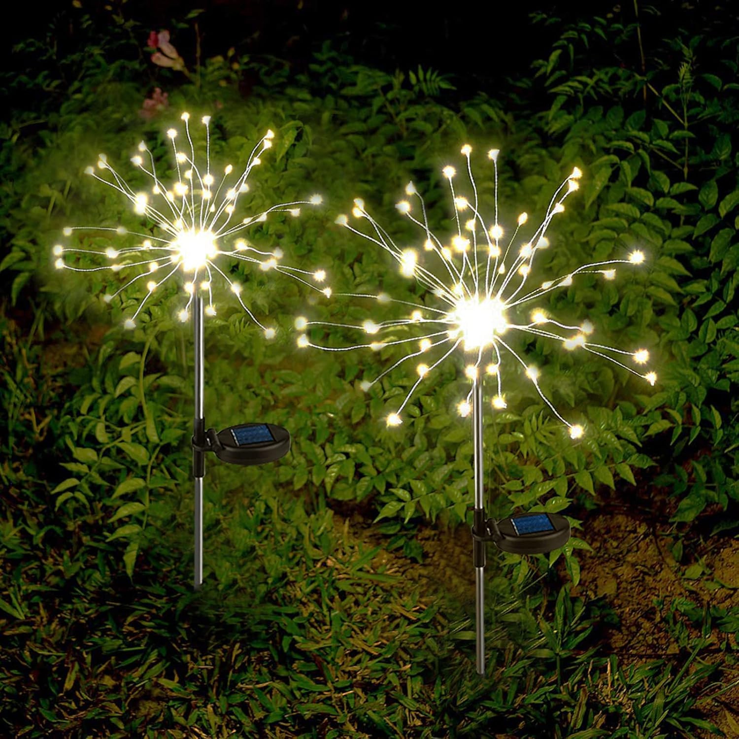 Zestaw 2 lamp solarnych ogrodowych, każda po 60 diod LED, do dekoracji ogrodu zewnętrznego (ciepłe światło)