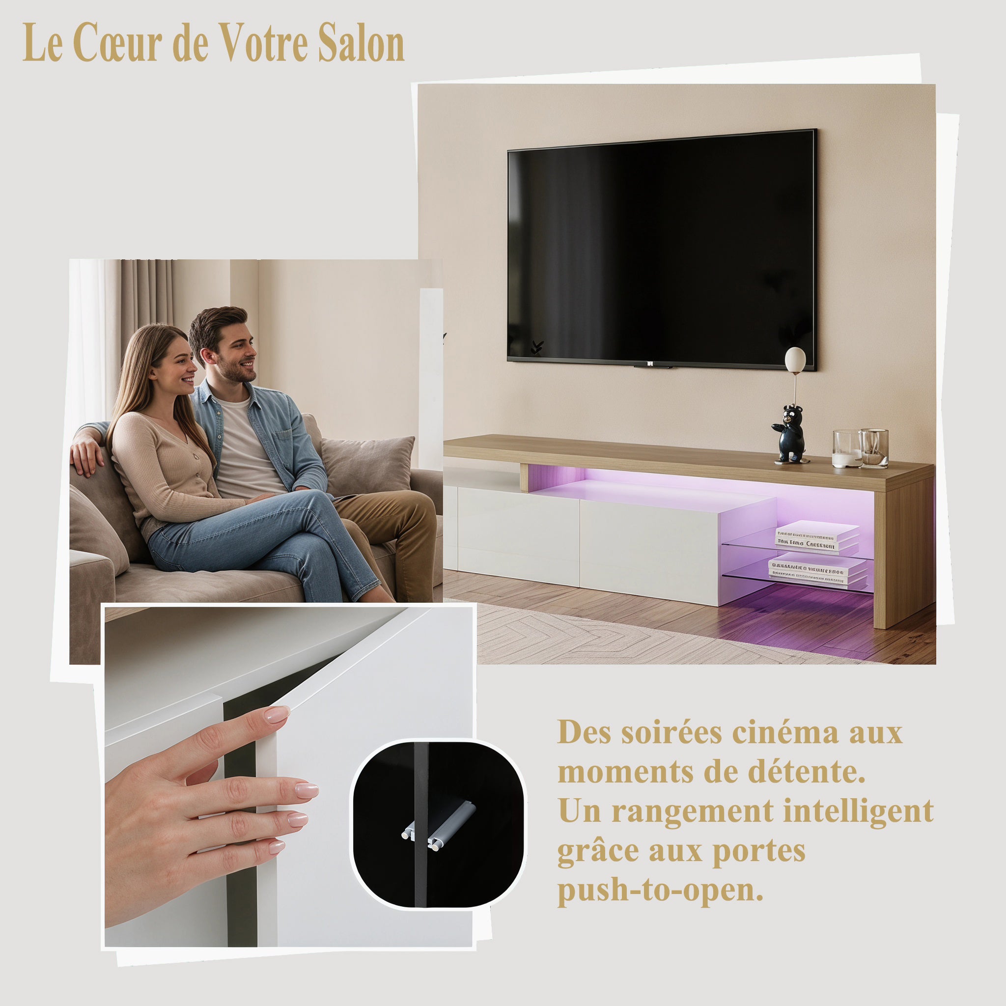 Meuble TV 200 cm, Support pour Téléviseur 75 Pouces, lumières LED variables, design 3 portes, étagères verre, Cadre en Bois, 200x39x42 cm - Blanc - 5