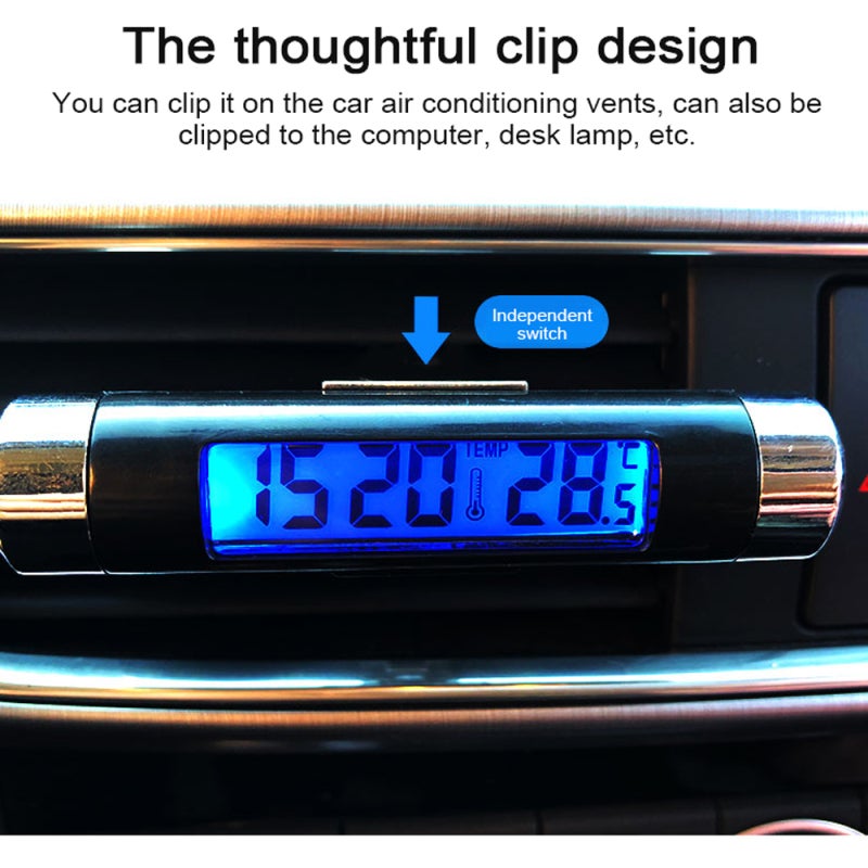 Horloge de voiture 2 en 1, thermomètre numérique à LED avec rétroéclairage bleu, commutation 12h/24h, pour voiture et camion - 5
