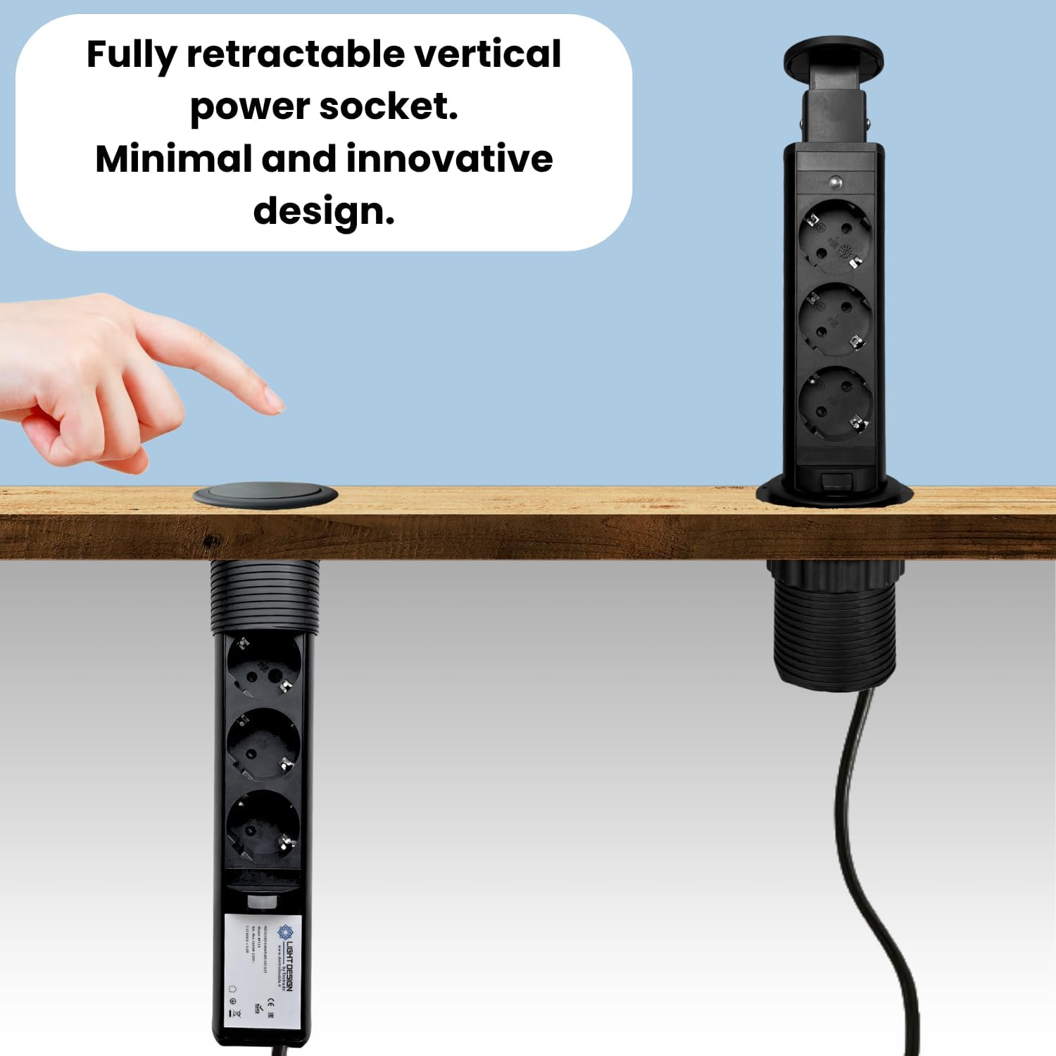 Multiprise Verticale Escamotable avec 3 Prises Schuko, Ouverture Push et Câble 1,8 m. Pour Bureau, Table, Cuisine et Bureau (Couleur Noir) - 4