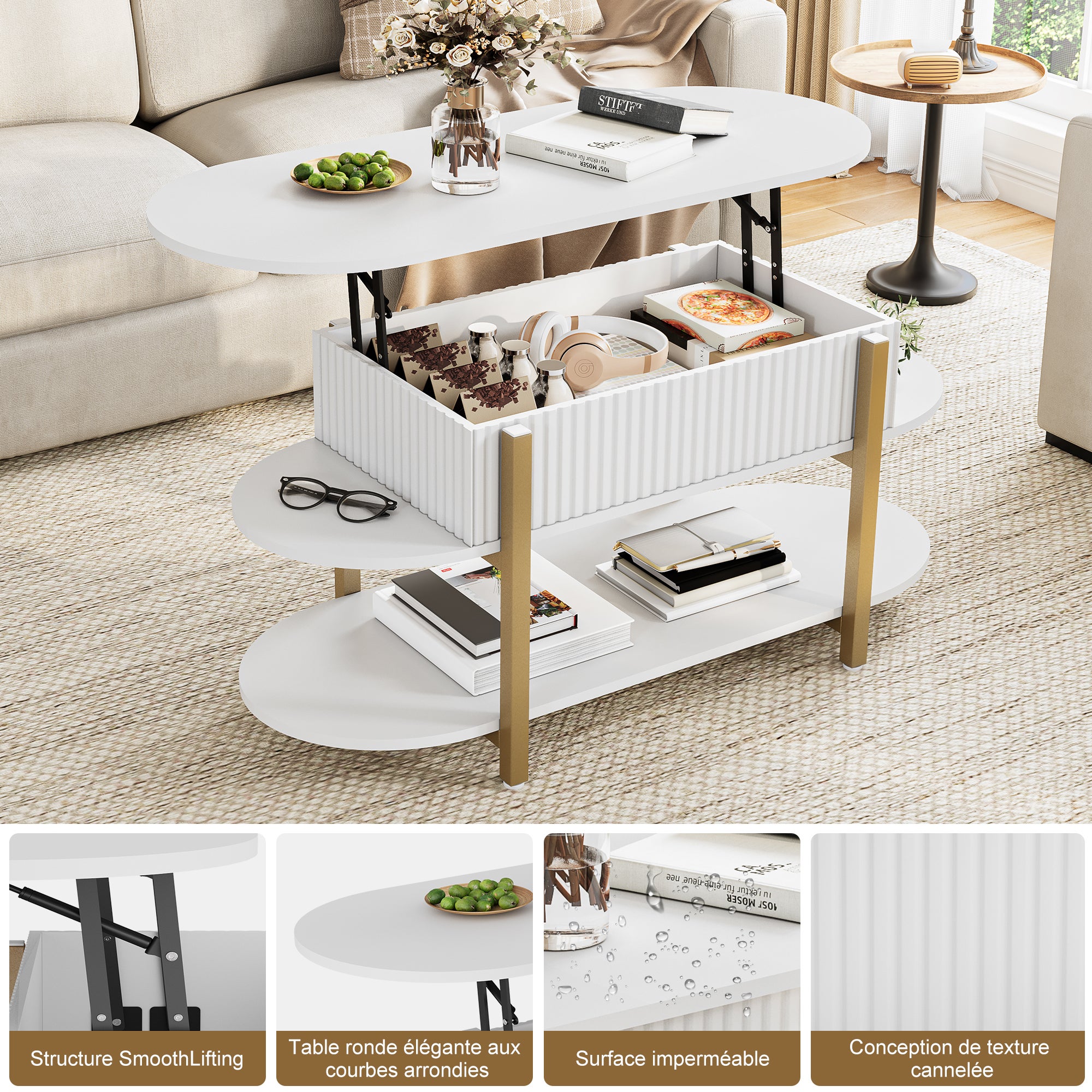 KEFSR Table Basse avec Plateau Relevable Bois MDF,Table de Salon Relevable Moderne avec Compartiment Caché et Étagère,Réglable,106x45x50cm,Blanc - 6