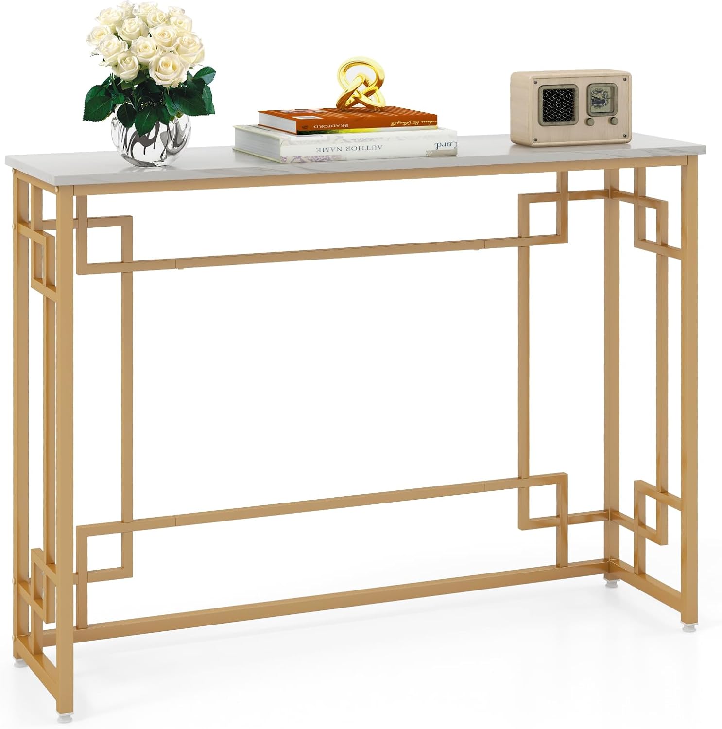 Stół Konsolowy 110 x 30 x 80 cm z Blatem z Sztucznego Marmuru, z Metalową Ramą, Regulowana Nóżka, System Zapobiegający Przewróceniu (Biały)