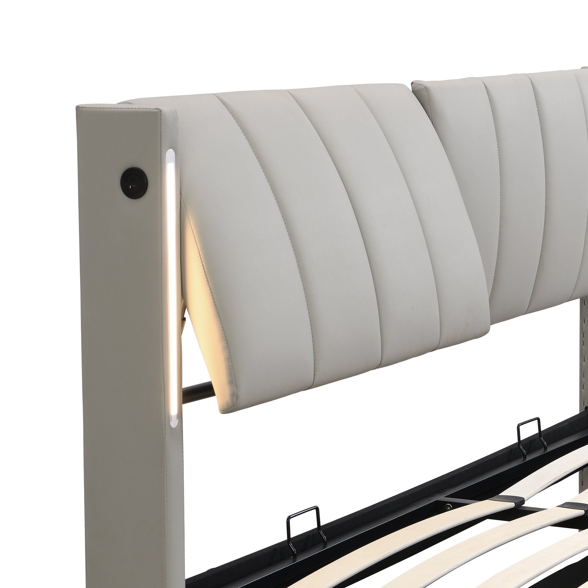 Cama contenedor tapizada en piel sintética - 160x200 cm - con puerto USB y LED - cabecero de ángulo ajustable - Gris - 6