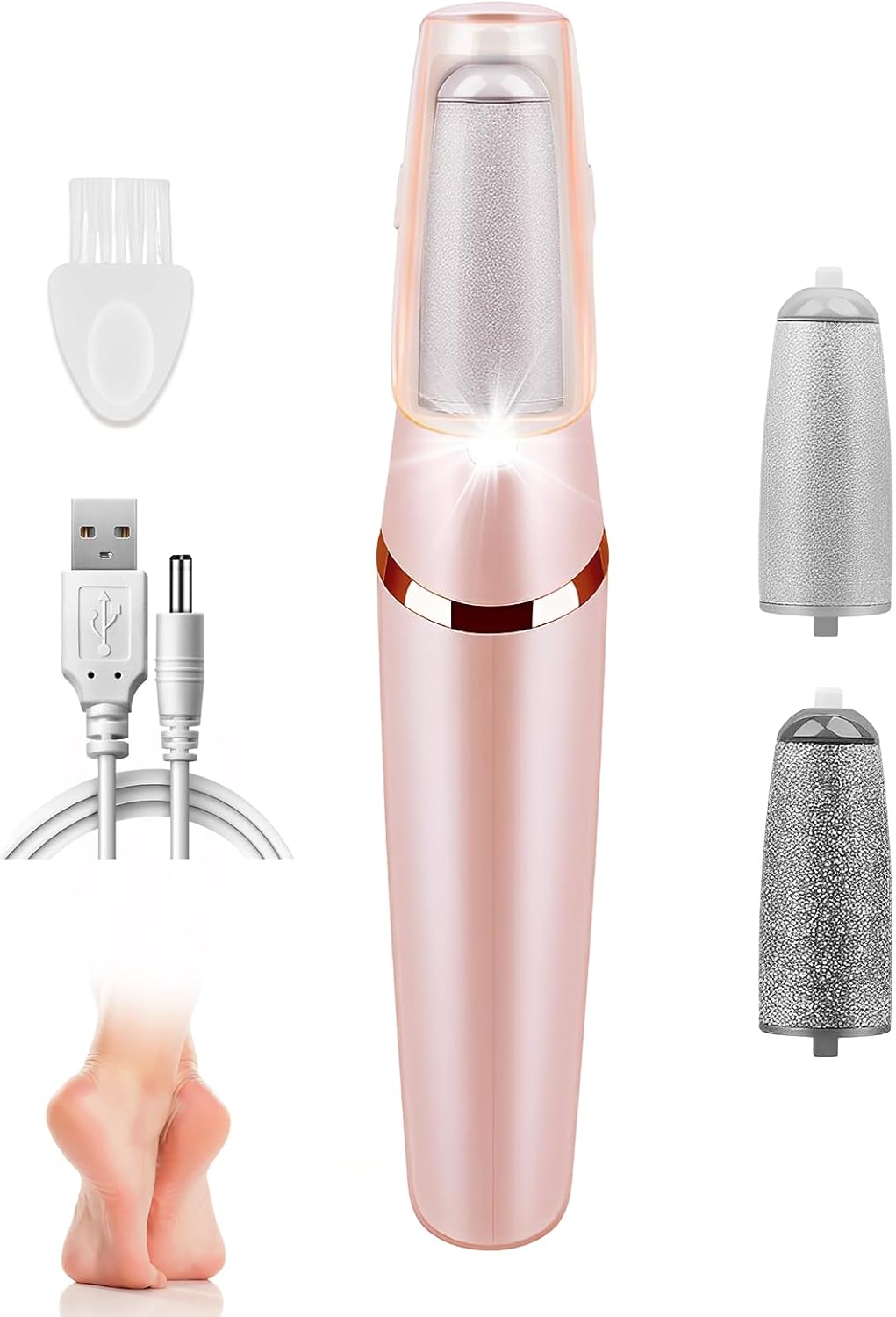 Elektryczny pilnik do stóp z wymiennymi rolkami, USB, lampka do usuwania zrogowaceń i codziennej pielęgnacji