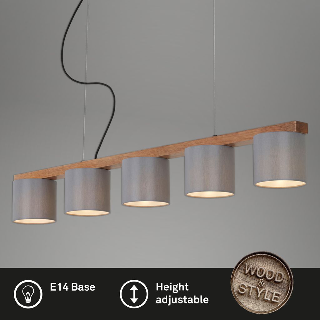 Lampe à suspendre BRILONER LEUCHTEN RHON, 25 W, IP20, gris, métal-bois-tissu, excl. 5x E14, 110 x 15 x 136 cm - 2