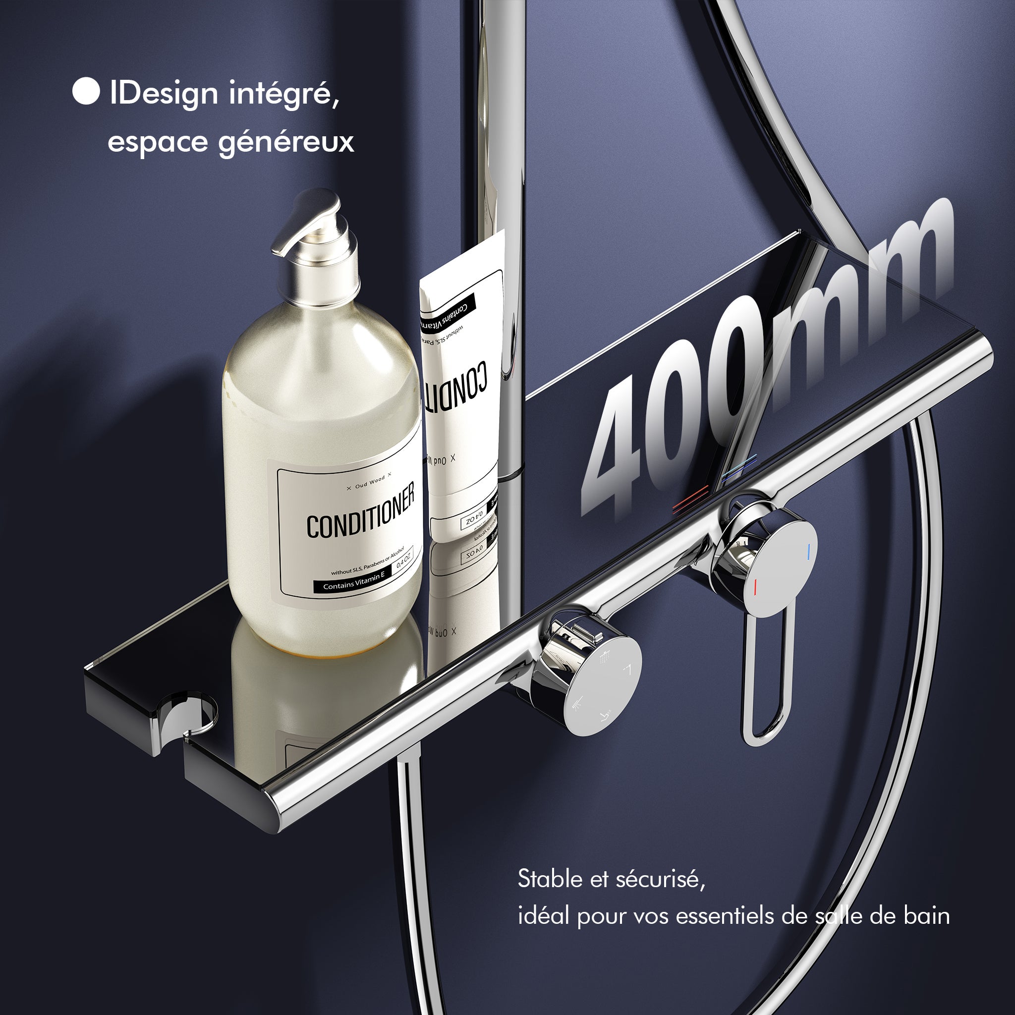 Columna de Ducha Cromada con Estante de 40 cm, Ducha de Mano con 5 Modos, Efecto Cascada y Almacenaje Práctico - 5