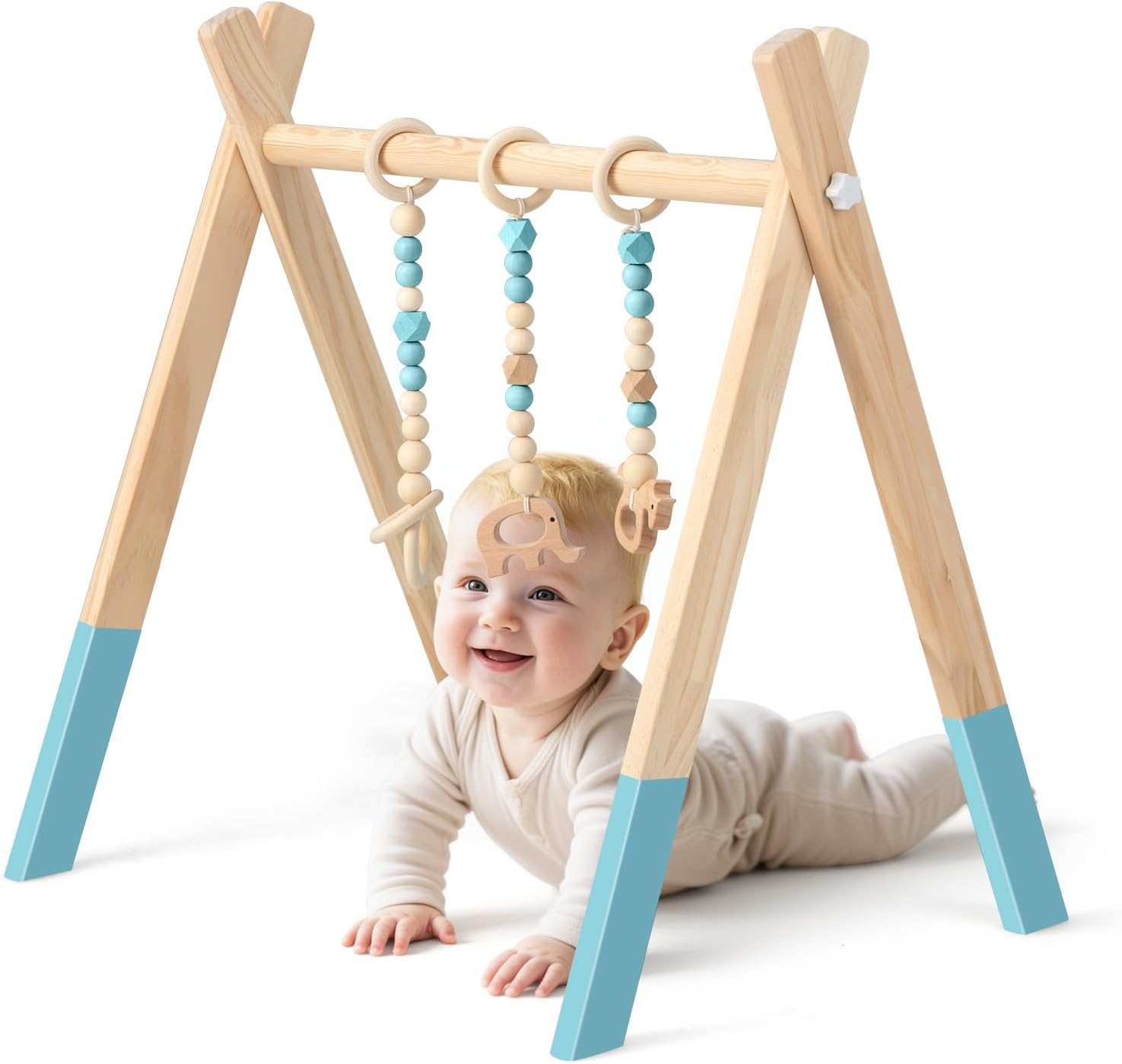 Składany Drewniany Łuk Edukacyjny dla Niemowląt Powyżej 3 Miesięcy z 3 Pierścieniami do Zabawy, 60 x 44 x 60 cm (Zielony)