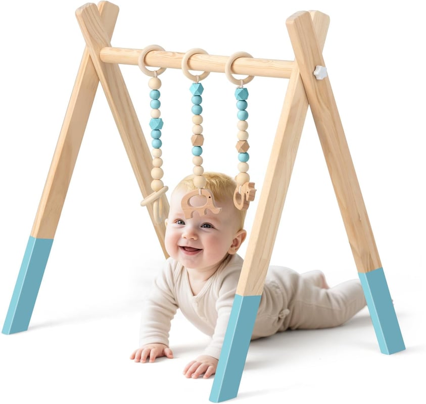 Składany Drewniany Łuk Edukacyjny dla Niemowląt Powyżej 3 Miesięcy z 3 Pierścieniami do Zabawy, 60 x 44 x 60 cm (Zielony)