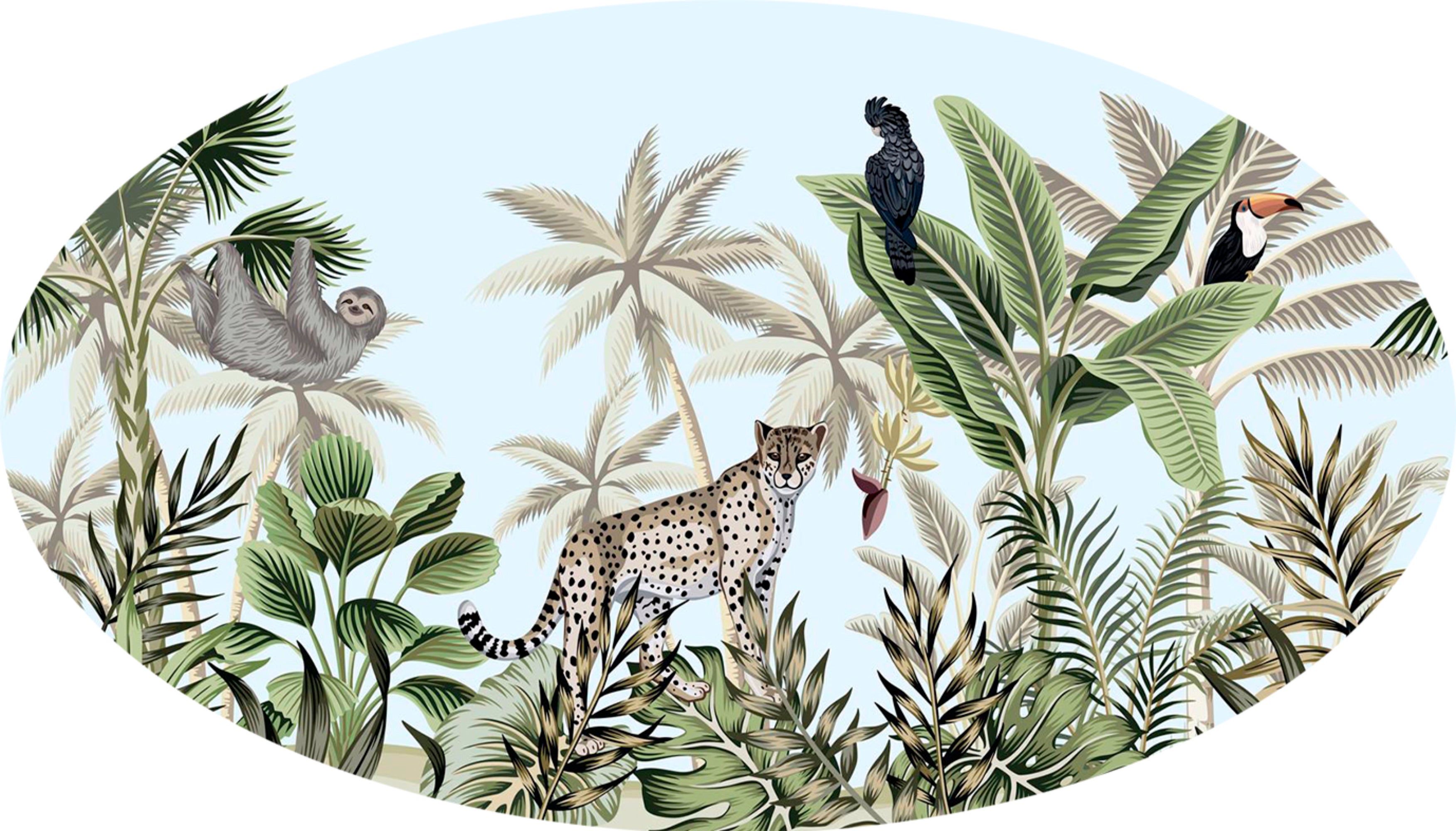 Dywan winylowy dla dzieci Jungle B - owalny 150x265 cm - PVC antypoślizgowy, winylowy do pokoju dziecięcego, ognioodporny i zmywalny.