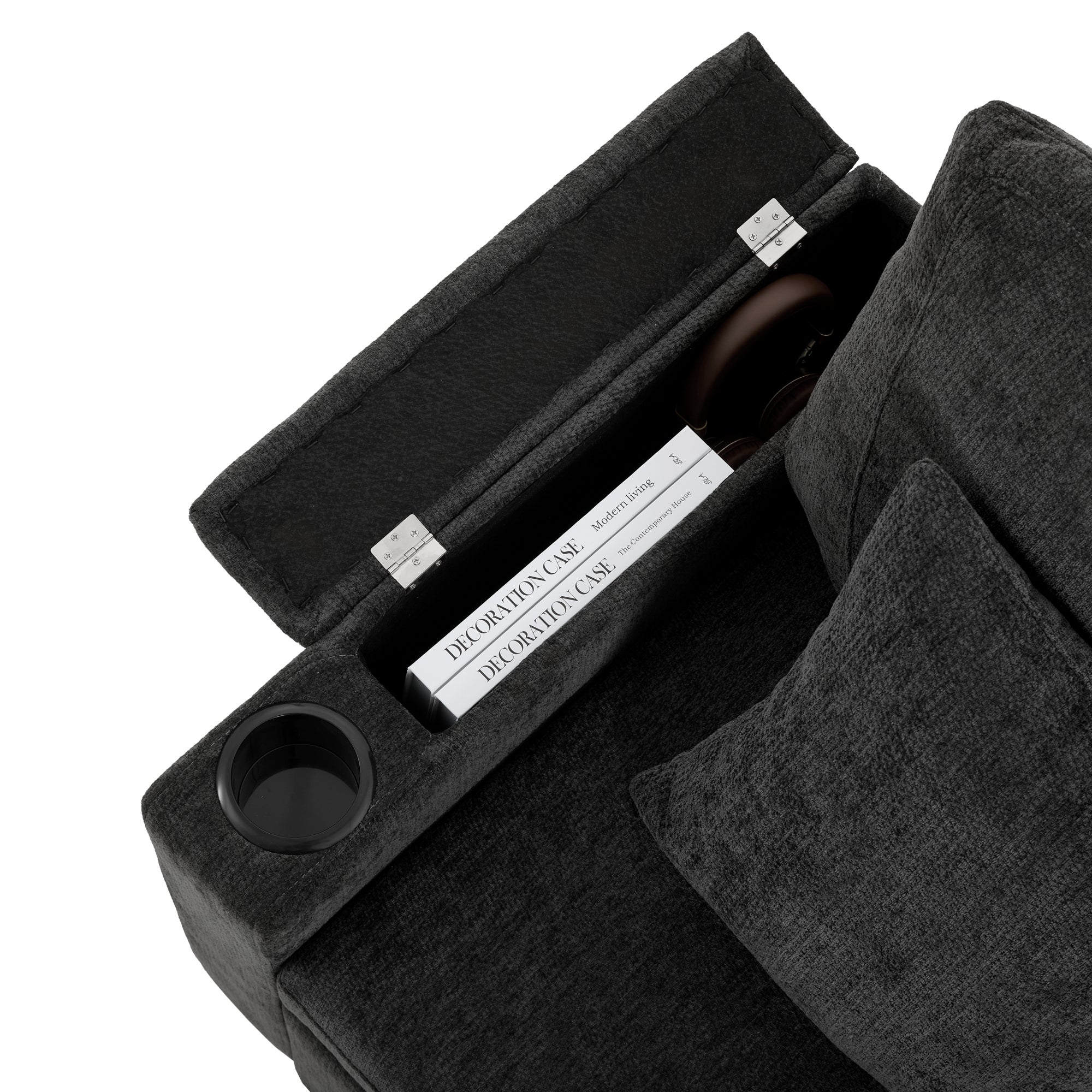 Rozkładana sofa narożna w kształcie litery L - ze schowkiem - z uchwytem na kubek - portem ładowania USB - z poduszkami - szara - 9