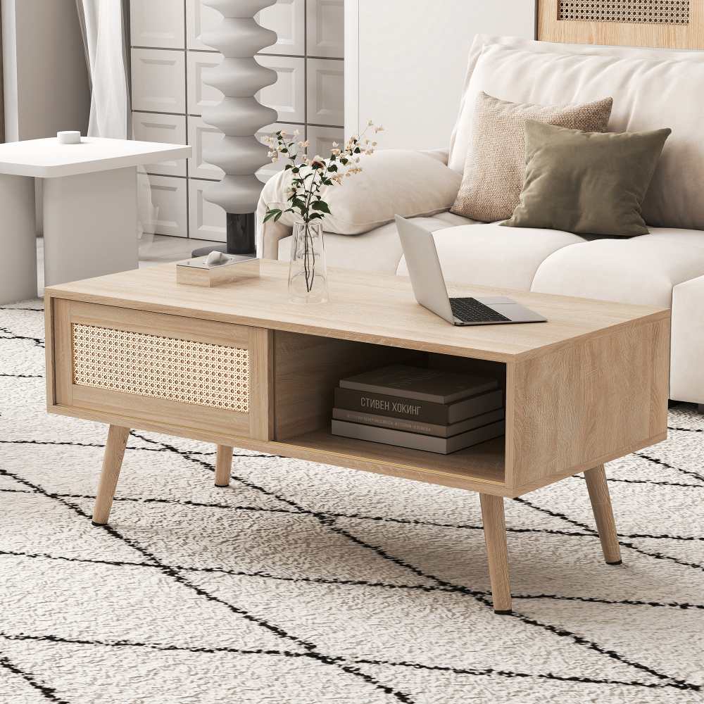 En.casa Table Basse Salon Style Scandinave 120x55x40cm Avec Portes Coulissantes Et Étagère - MDF Bambou Naturel