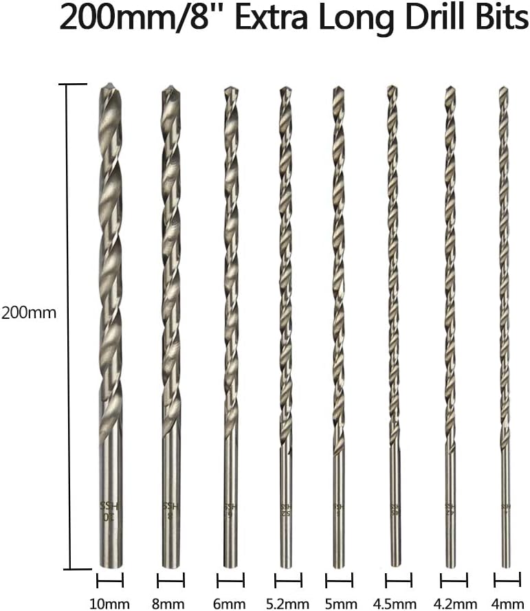HSC 8cps Sets Foret Extra Long 200mm avec diamètre de 4mm, 4.2mm, 4.5mm, 5mm, 5.2mm, 6mm, 8mm, 10mm - 2