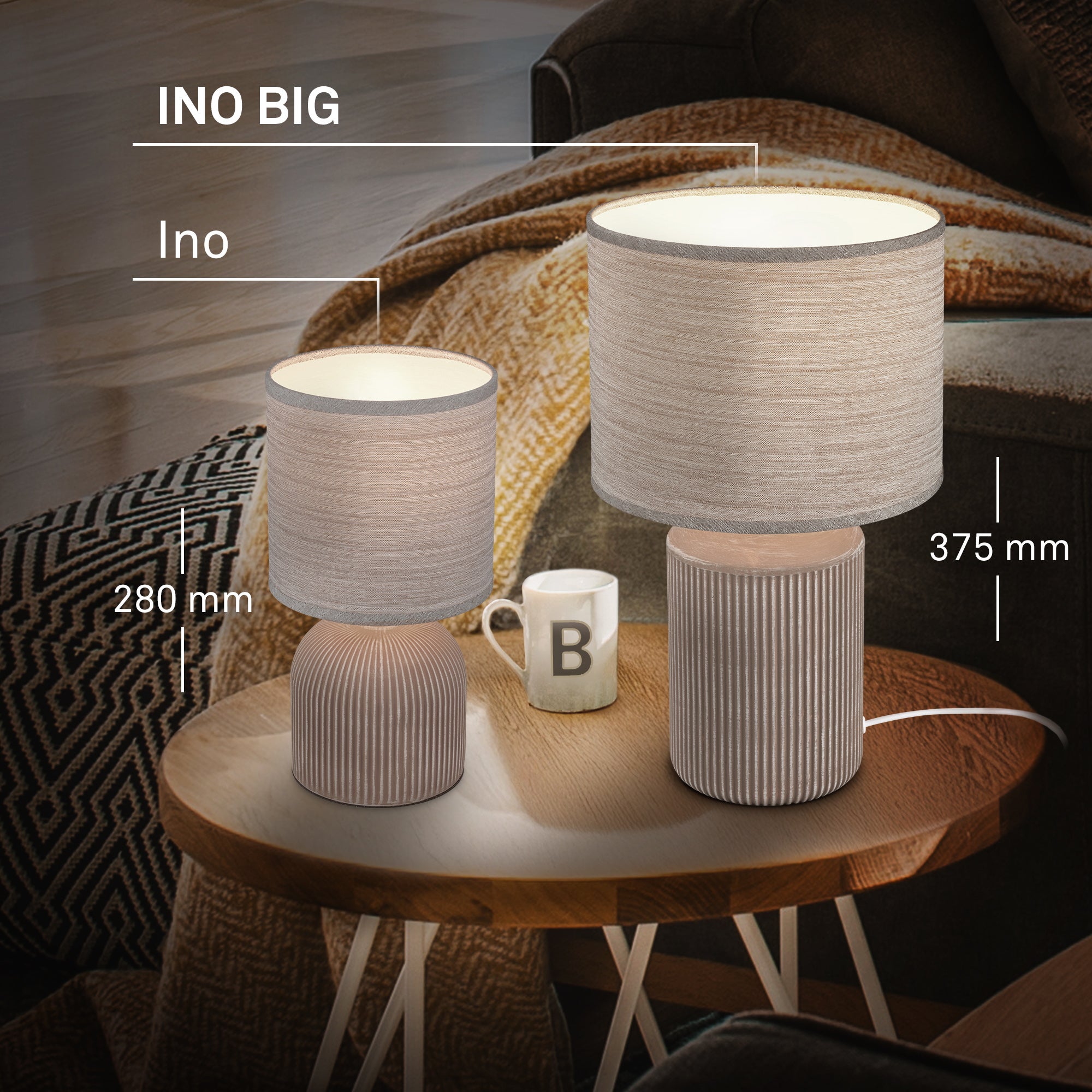 Lampe de table - avec abat-jour tissu - IP20 - D.220x375mm - E27 max. 10W - marron - avec interrupteur câble - Briloner - 4