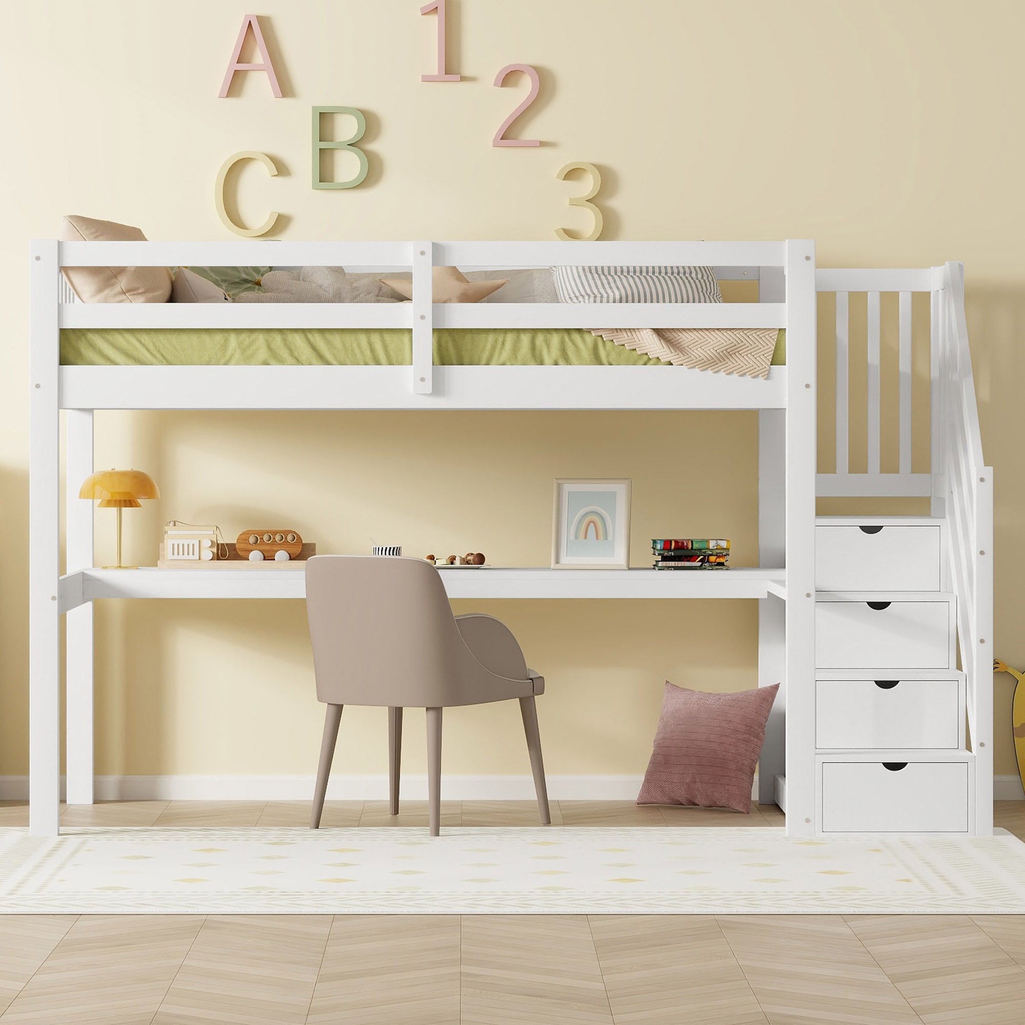 Lit mezzanine en bois de pin - 90x200cm - avec escalier de rangement et bureau - avec sommier à lattes - Blanc - 2