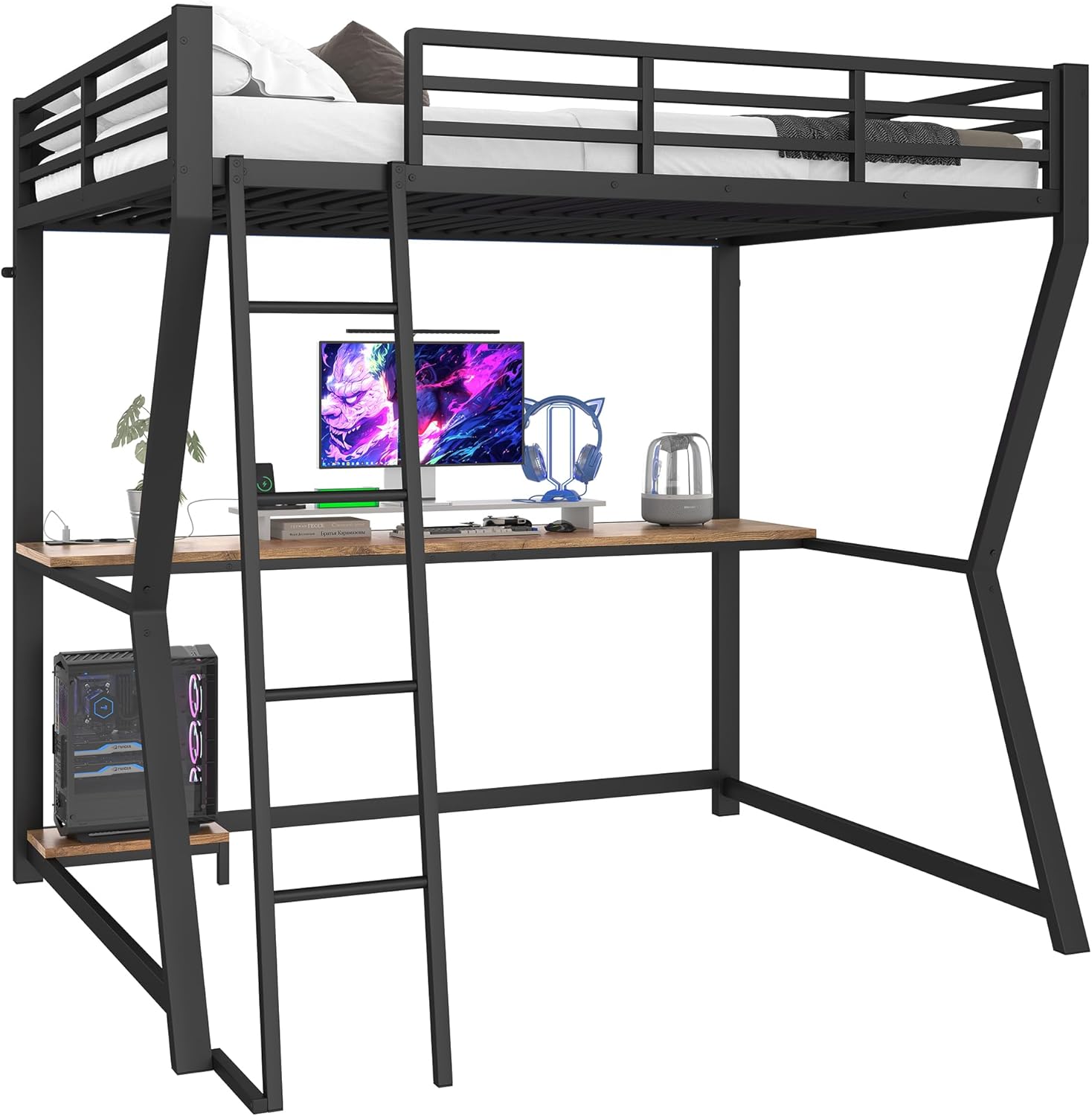 Lit mezzanine 140 x 200 cm avec éclairage LED, pour adultes et adolescents, avec Bureau, Étagre PC, Prises USB/Électriques Noir - 5