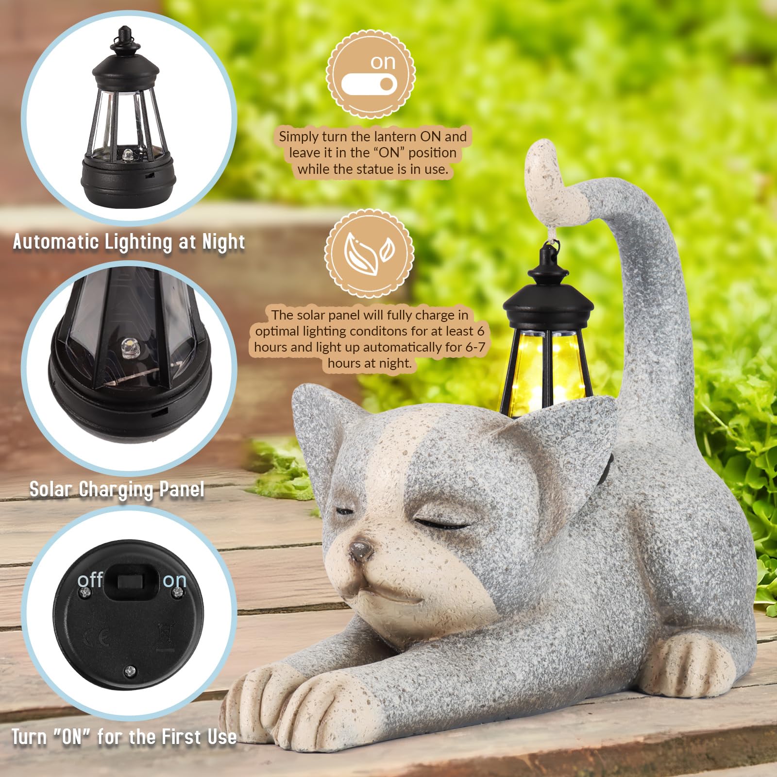 POTEY Statue da giardino - Luci a LED solari Sculture esterne per gatti e cani, figurine per interni Decorazioni per animali per cortile, prato da giardino