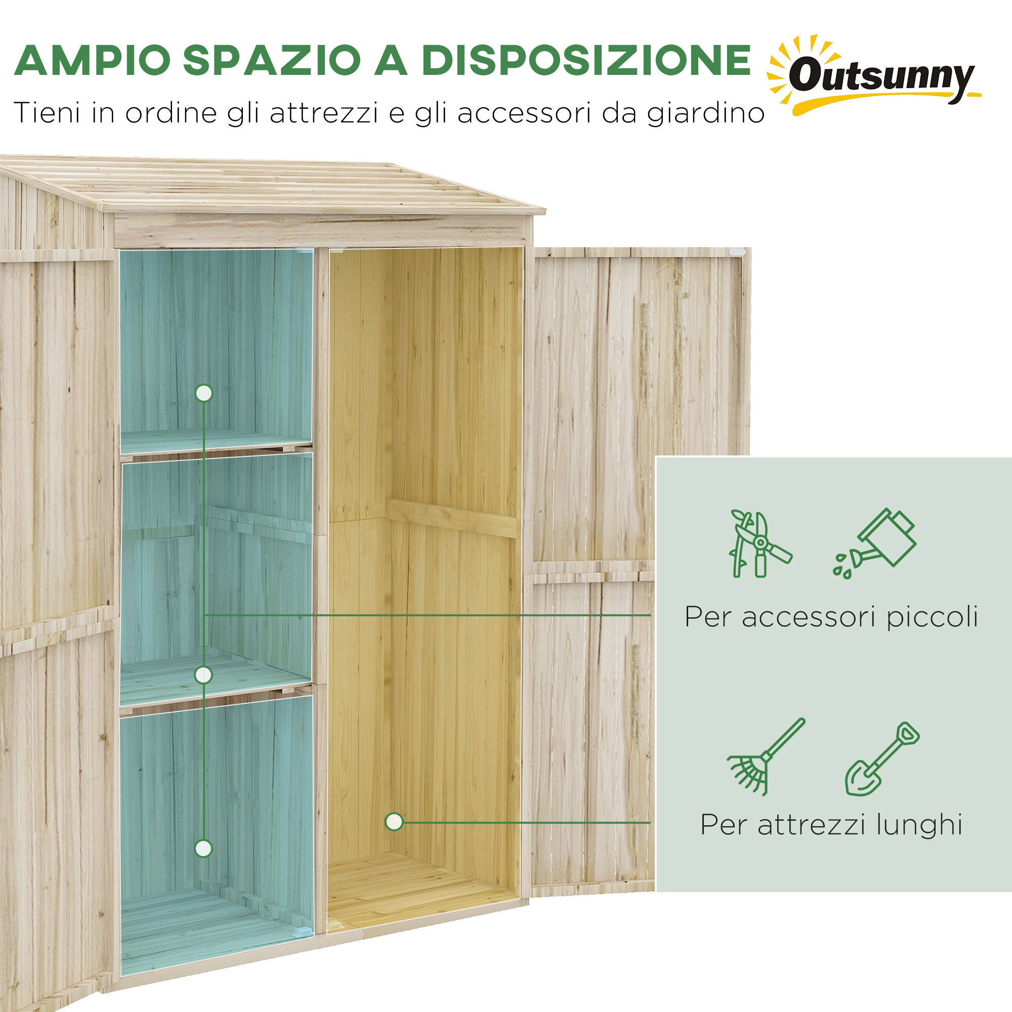 Outsunny Casetta da Giardino in Legno di Abete con 2 Porte e Ripiani, 120x57x183cm, Naturale - 4