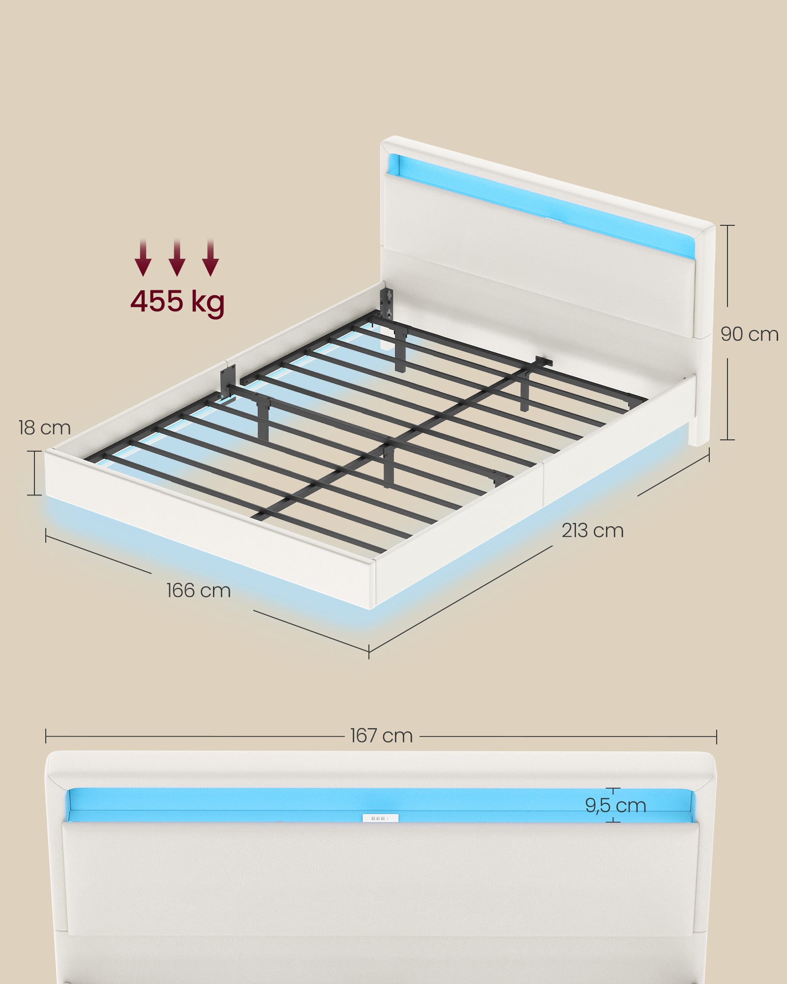 Lit Double, Cadre de Lit, 160 x 200 cm, Lit Flottant, Lit avec Éclairage LED, Tête de Lit Haute, Multiprise, Style Moderne, Blanc Nuage - 5