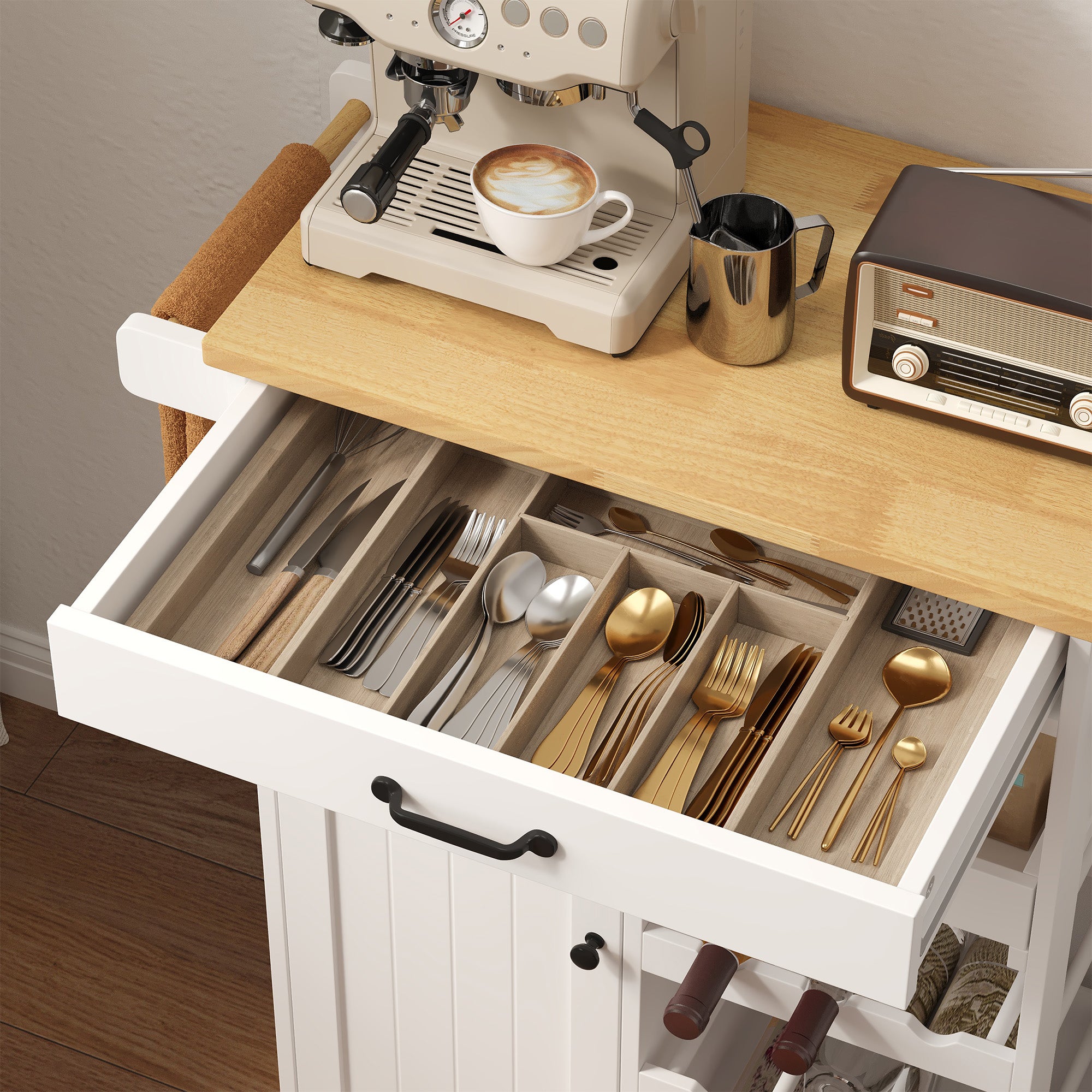 Desserte de cuisine mobile sur roulettes blanc - Chariot avec range-bouteilles, tiroir et plan de travail en bois MDF - 64x40x91cm - 5