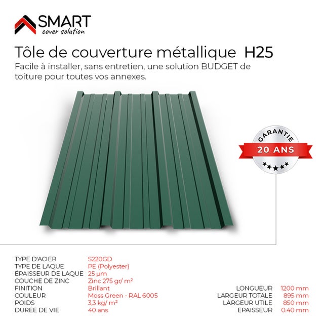 Tôle bac acier - Toiture - Couverture - plaque TR25 Coloris Moss Green RAL 6005 Dimensions 1200x895x0.40mm