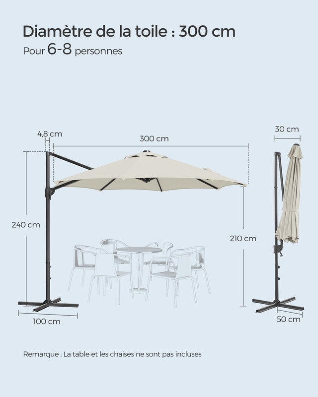 Parasol de Jardin 300 cm, UPF 50+, Parasol de Terrasse, Pivotant à 360°, Inclinaison Fluide, Manivelle, avec Base en Croix, Blanc Crème - 5