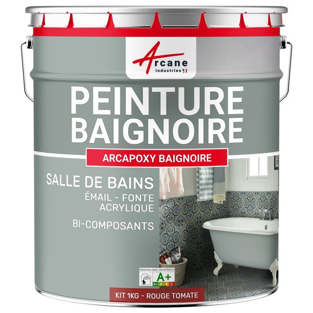 PEINTURE BAIGNOIRE LAVABO - Résine Époxy Pour Rénovation - 1 kg (jusqu'à 3 m² en 2 couches) Rouge Tomate - RAL 3013 - ARCANE INDUSTRIES
