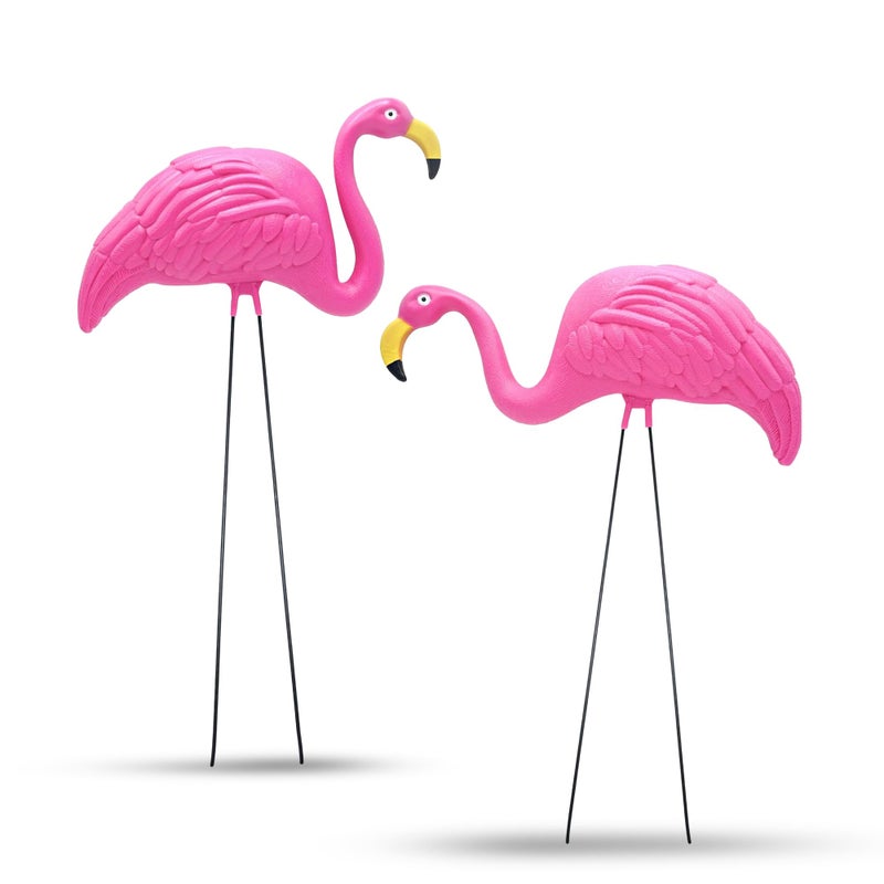 Zestaw 2 dekoracji ogrodowych w kształcie flaminga – Statuetka flaminga z metalowym prętem – Dekoracje trawnikowe i ogrodowe (S+L)