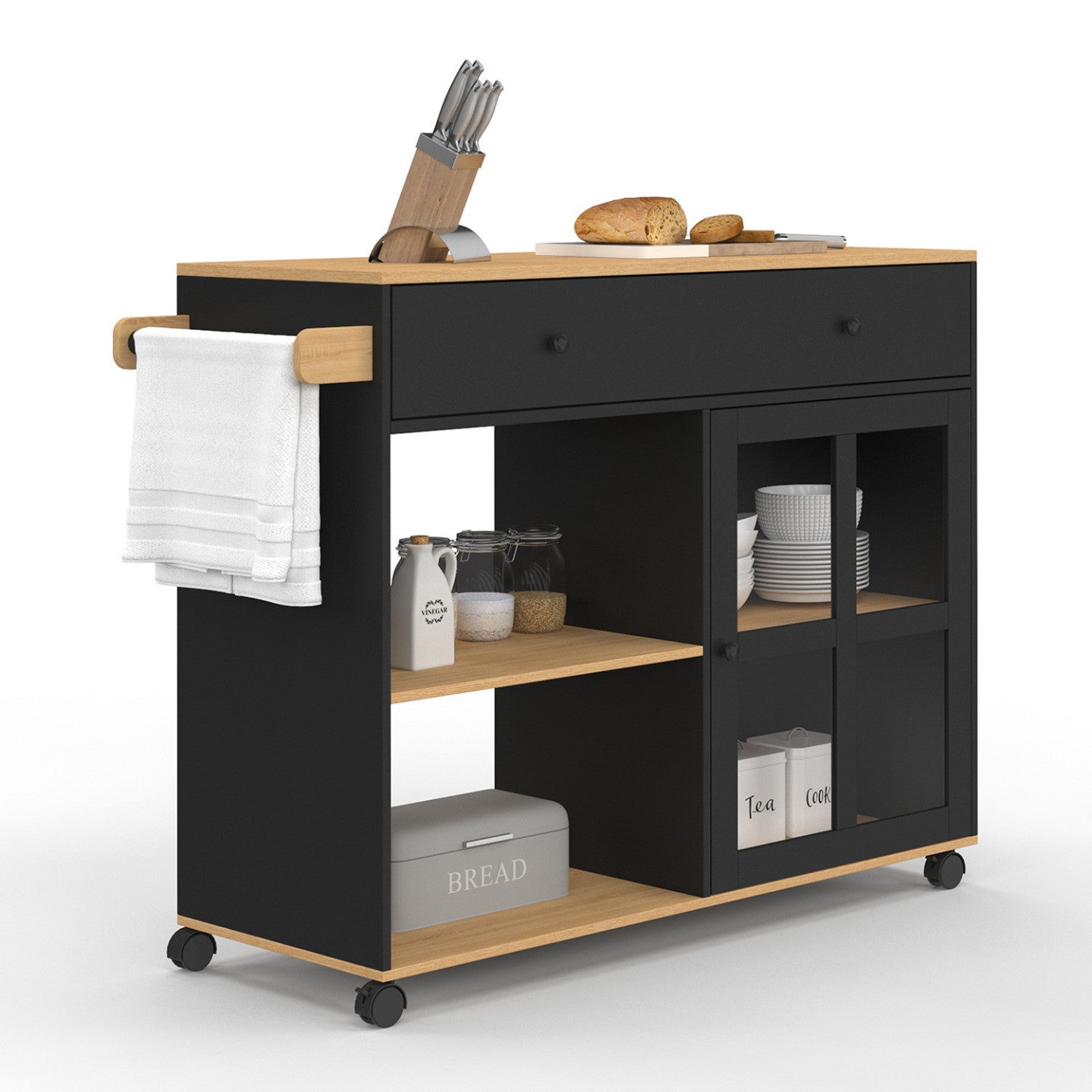 Desserte de cuisine ACHILLE XXL avec étagère et placard vitré bois et noir L. 100 CM - 2