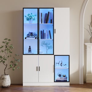 Moimhear Elegante credenza in truciolato color noce con vetrina in vetro, 4 ante in vetro con